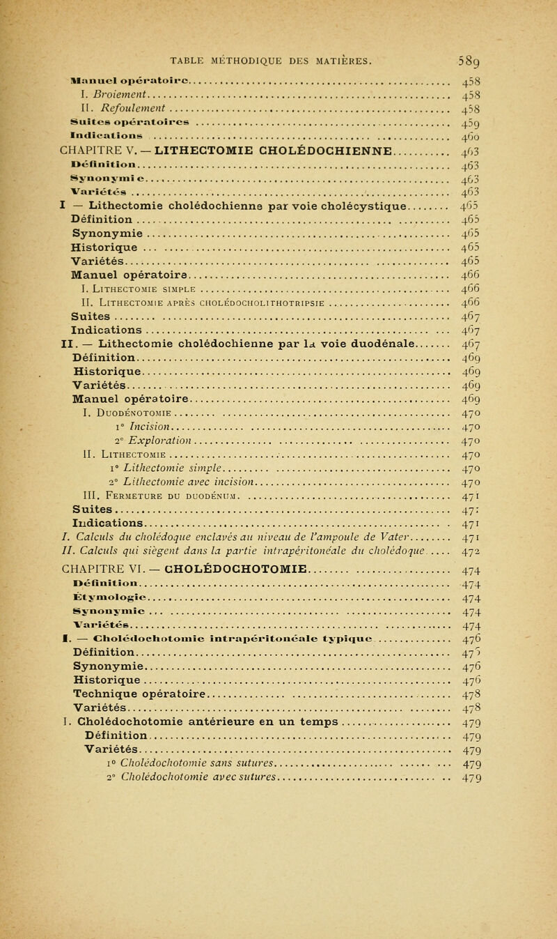 Manuel opératoire j.58 I. Broiement 458 II. Refoulement 4S8 Suites opératoires j.5o Indications 4Ô0 CHAPITRE V. — LITHECTOMIE CHOLÉDOCHIENNE 463 Définition 453 Synonymi e 463 Variétés 4Ô3 I — Lithectomie cholédochienne par voie cholécystique 4(35 Définition 466 Synonymie 4<35 Historique 465 Variétés 465 Manuel opératoire 466 I. Lithectomie simple 466 II. Lithectomie après cholédocholithotripsie 466 Suites 467 Indications 467 II. — Lithectomie cholédochienne par la voie duodénale 467 Définition 46g Historique 469 Variétés 469 Manuel opératoire 469 I. DUODÉNOTOMIE 47O i° Incision 470 2° Exploration 470 II. Lithectomie 470 i° Lithectomie simple 470 2° Lithectomie avec incision 470 III. Fermeture du duodénum 471 Suites 47 : Indications 471 /. Calculs du cholédoque enclavés an niveau de l'ampoule de Vater 471 77. Calculs qui siègent dans la partie intrapéritonéale du cholédoque 472 CHAPITRE VI. — GHOLÉDOCHOTOMIE 474 Définition 474 Et y mologie 474 Synonymie 474 Variétés 474 I. — Cholétloehotomie intrapéritonéale typique 476 Définition 47 5 Synonymie 476 Historique 476 Technique opératoire 478 Variétés 478 I. Cholédochotomie antérieure en un temps 479 Définition 479 Variétés 479 i° Cholédochotomie sans sutures 479 20 Cholédochotomie avec sutures 479