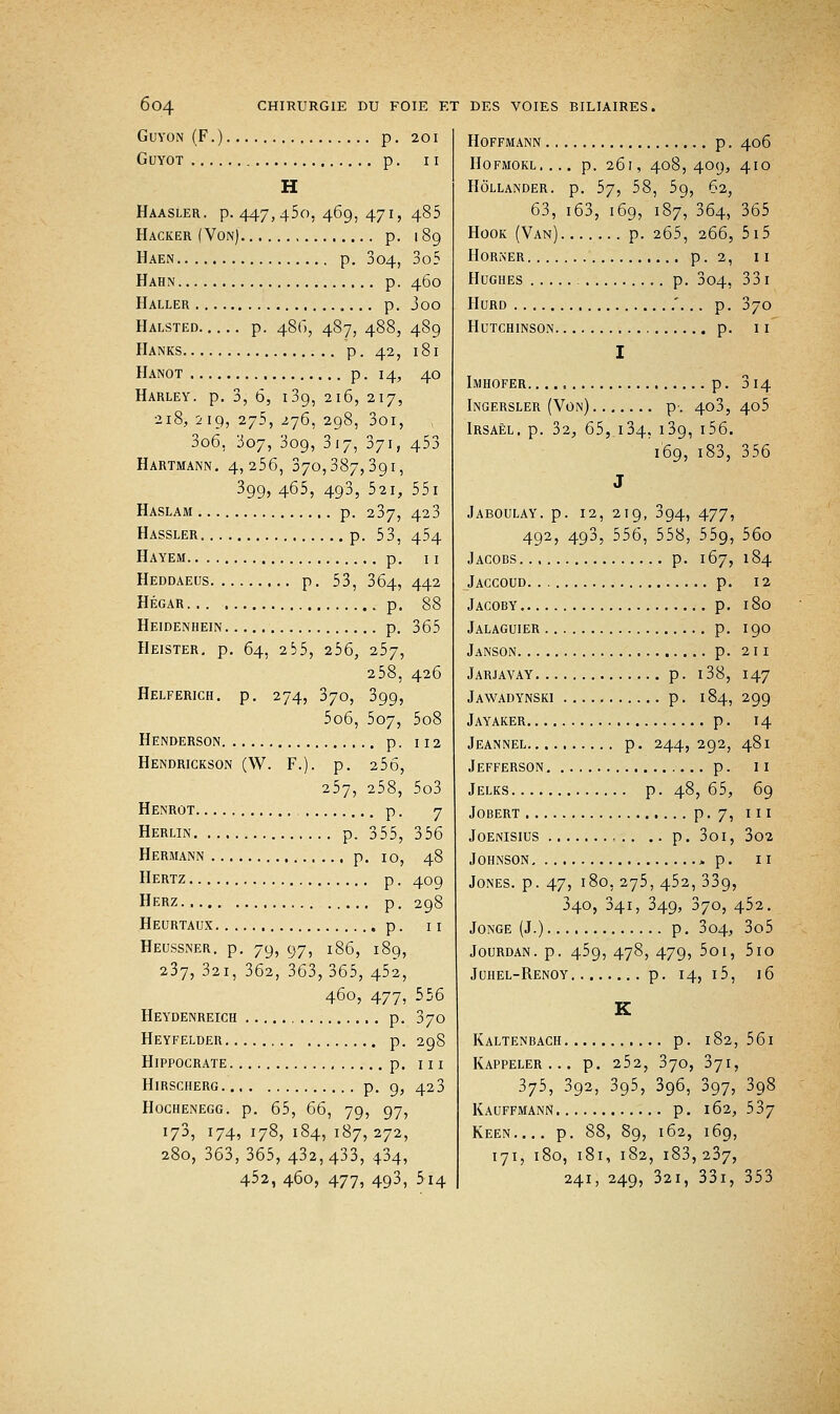 GUYON (F.) p. 201 GUYOT p . II H Haasler. p. 447,450, 469, 471, 485 Hacker (Von) p. 189 Haen p. 304, 3o5 Hahn p. 460 Haller p. joo Halsted p. 48G, 487, 488, 489 Hanks p. 42, 181 Hanot p. 14, 40 Harley. p. 3, 6, 139, 216, 217, 218, 2 19, 275, 276, 298, 3oi, 3o6, 'J07, 309, 317, 371, 453 Hartmann. 4,256, 370,387,391, 399, 465, 493, 52i, 551 Haslam p. 237, 423 Hassler p. 53, 454 Hayem p. 11 Heddaeus p. 53, 364,442 HÉGAR p. 88 Heidenhein p. 365 Heister. p. 64, 2 55, 256, 257, 258, 426 Helferich. p. 274, 370, 399, 5o6, 507, 5o8 Henderson p. 112 Hendrickson (W. F.), p. 256, 257, 258, 5o3 Henrot p. 7 Herlin p. 355, 356 Hermann p. 10, 48 Hertz p. 409 Herz p. 298 Heurtaux p. 11 Heussner. p. 79, 97, 186, 189, 237, 32i, 362, 363, 365, 452, 460, 477, 556 Heydenreich p. 370 Heyfelder p. 298 HlPPOCRATE p. III Hirscherg p. 9, 423 Hochenegg. p. 65, 66, 79, 97, !73> l74, 178» 184, 187,272, 280, 363, 365, 432,433, 434, 452, 460, 477, 493, 514 Hoffmann p. 406 Hofmokl,... p. 261, 408,409, 410 Hôllander. p. 57, 58, 59, 62, 63, 163, 169, 187, 364, 365 Hook (Van) p. 265, 266, 515 Horner p. 2, 11 Hughes p. 304, 331 HURD .'. . . p. 37O Hutchinson p. II I Imhofer p. 314 Ingersler (Von) p-. 403,405 Irsaêl. p. 32, 65,i34. 139, 156. 169, i83, 356 J Jaboulay. p. 12, 219, 394, 477, 492, 493, 556, 558, 559, 56o Jacobs p. 167, 184 Jaccoud p. 12 Jacoby p. 180 Jalaguier p. 190 Janson p. 211 Jarjavay p. i38, 147 Jawadynski p. 184, 299 Jayaker p. 14 Jeannel p. 244, 292, 481 Jefferson p. II Jelks p. 48,65, 69 Jobert p. 7, ni Joenisius ..p. 3oi, 3o2 Johnson » p. 11 Jones, p. 47, 180, 275, 452, 33g, 340, 341, 349, 370, 452. Jonge (J.) p. 304, 3o5 Jourdan. p. 459, 478, 479, 5oi, 510 Juhel-Renoy p. 14, i5, 16 K Kaltenbach p. l82,56l Rappeler... p. 252, 370, 371, 375, 392, 395, 396, 397, 398 Kauffmann p. 162,537 Keen p. 88, 89, 162, 169, 171, 180, 181, 182, 183,237, 241, 249, 32i, 331, 353