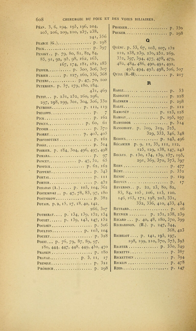 Péan. 3, 6, .194, 195> l96: 2°4> 2o5. 206, 209, 210, 237, 238, 241,356 Pearce (G.) P- 298 Peck P- 397 Pensky.. p. 79, 80, 81, 82, 84, 85, 91, 92, 95, 98, 162, i63, 167, 174, 181, 182, i83 Pepper p- 3oo, 3o6, 307 Périer p. 127, 160, 356, 368 Peters p. 47, 7°> I0° Petersen. p. 57, 179, 180, 184, 431, 469 Petit... p. a3i, 252, 260, 296, 297, 298,299, 3oi, 304, 3o6, 33o Petridis p. 112, 119 Philipps P- 7 PlCK P. l62 PlNCUS p. 60, 6l PlNNER P- 370 PlORRY ?. 4°3, 4°5 PODVISOTZKY p. 162 POGGI P- 5l4 Poirier, p. 184, 3o4, 496, 497, 498 Pomara p. 97 Poncet p. 47, 52, 65 PONFICK p. 62, l62 Poppert p • 343 Portal p. ni Porter p. 452 POSADAS (A.) p. 103,104,362 Postempski .. p. 47, 78, 83, 97, 180 POSTNIKOW p. 382 POTAIN. p. 2, l5, 17, 18,40, I42, 266, 307 POTHERAT p. l34, 139, I 52, I 54 Poulet p. 13g, 143, 147, 1 52 Poulsen p. 5o6 Poulton p. io3, 104 Pouzet p. 328 Pozzi... p. 76, 79, 87, 89, 97, 180, 444, 447, 448, 449, 45o, 470 Praskin p. 1 So Pravaz p. 3, 11, 17 Pringle p. 32 1 PROBISCH p. 298 Proeger p. 35(3 Pruker p. 298 Q Quénu. p. 53, 67, io3, 107, i52 222, 238,239, 25o, 25i, 269, 352, 397, 394, 477, 478, 479, 482, 484, 486, 490, 491, 492, 493, 494, 495> 49s, 5ob, 5o7 Quill (R.-H) p. 217 R Rable p. 53 Radiguet p. 228 Raimkem , p. 298 Ralfe p. 112 Ramonét p. 123, 128 Ramsay p. 195, 197 Ramsdhor p. 5 14 Ransohoff. p. 3og, 31 g, 325, 329, 333, 346, 348 Reboul p. 243, 496 Récamier p. 9, 11, 35, III, 112, t25, 129, 138, 147, 243 Reclus, p. i3o, 134, 13g, 157, ig5, 291, 36g, 370, 373, 397 Rehn p. 477 RÉMY p. 352 Rendu p. 129 Reuven p. 17 Reverdin.. p. 22, 23, 80, 82, 83, 84, io5, 106, 115, 120, 146. 163, 171, 198, 2o3, 33i, 332, 336, 410, 433, 434 Reybard p. 16 Reynier p. 25i, 238, 23g Ricard ... p. 40, 48, 180, 870, 399 RlCHARDSON. (H.), p. 247, 344, 368, 423 Richelot .... p. 141, 195, 197, 198, 199, 210, 370, 375, 3g5 Richter p. 33o, 349 RlCKETTS p. 387 Rickettsen p. 3g4 RiCKLIN p. 478 RlED p. 147