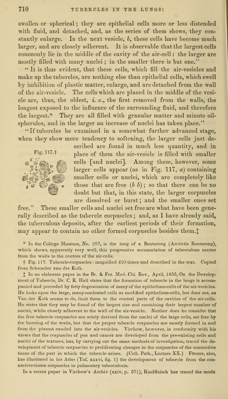 swollen or spherical; they are epithelial cells more or less distended with fluid, and detached, and, as the series of them shows, they con- stantly enlarge. In the next vesicle, h, these cells have become much larger, and are closely adherent. It is observable that the largest cells commonly lie in the middle of the cavity of the air-cell: the larger are mostly filled with many nuclei; in the smaller there is but one.  It is thus evident, that these cells, which fill the air-vesicles and make up the tubercles, are nothing else than epithelial cells, which swell by imbibition of plastic matter, enlarge, and are detached from the wall of the air-vesicle. The cells which are placed in the middle of the vesi- cle are, thus, the oldest, i. e., the first removed from the walls, the longest exposed to the influence of the surrounding fluid, and therefore the largest.* They are all filled with granular matter and minute oil- spherules, and in the larger an increase of nuclei has taken place. If tubercles be examined in a somewhat further advanced stage, when they show more tendency to softening, the larger cells just de- scribed are .found in much less quantity, and in place of them the air-vesicle is filled with smaller cells [and nuclei]. Among these, however, some larger cells appear (as in Fig. 117, a) containing smaller cells or nuclei, which are completely like those that are free {h b) ; so that there can be no doubt but that, in this state, the larger corpuscles are dissolved or burst; and the smaller ones set free. These smaller cells and nuclei set free are what have been gene- rally described as the tubercle corpuscles; and, as I have already said, the tuberculous deposits, after the earliest periods of their formation, may appear to contain no other formed corpuscles besides them. J * In the College Museum, No. 297, is the lung of a Benturong (Arctictis Benturong), which shows, apparently very well, this progressive accumulation of tuberculous matter from the walls to the centres of the air-cells. f Fig. 117. Tubercle-corpuscles : magnified 420 times and described in the text. Copied from Schroeder van der Kolk. X In an elaborate paper in the Br. & For. Med. Chi. Rev., April, 1855, On the Develop- ment of Tubercle, Dr. C. R. Hall states that the formation of tubercle in the lungs is accom- panied and preceded by fatty degeneration of many of the epithelium-cells of the air-vesicles. He looks upon the large, many-nucleated cells as modified epithelium-cells, but does not, as Van der Kolk seems to do, limit them to the central parts of the cavities of the air-cells. He states that they may be found of the largest size and containing their largest number of nuclei, while closely adherent to the wall of the air-vesicle. Neither does he consider that the free tubercle corpuscles are solely derived from the nuclei of the large cells, set free by the bursting of the walls, but that the proper tubercle corpuscles are mostly formed in and from the plasma exuded into the air-vesicles. Virchow, however, in conformity with his views that the corpuscles of pus and cancer are developed from the pre-existing cells and nuclei of the textures, has, by carrying out the same methods of investigation, traced the de- velopment of tubercle corpuscles to proliferating changes in the corpuscles of the connective tissue of the part in which the tubercle arises. (Cell. Path., Lecture XX.) Ffirster, also, has illustrated in his Atlas (Taf. xxxvi, fig. 1) the development of tubercle from the con- nective-tissue corpuscles in pulmonary tuberculosis. In a recent paper in Virchow's Archiv (xxiv, p. 571), Rindfleisch has traced the mode