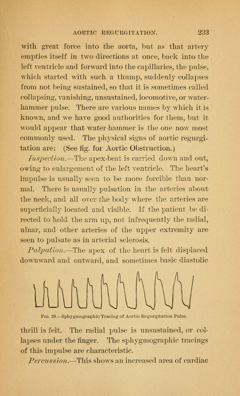 with great force into the aorta, })iit as that artery empties itself in two directions at once, back into the left ventricle and forward into the cajjillaries, the pidse, which started with such a thump, suddenly collapses from not being sustained, so that it is sometimes called collapsing, vanishing, unsustained, locomotive, or water- hammer 2-)nlse, There are various names by which it is known, and w^e have good authorities for them, but it would appear that v^ater-hammer is the one now most commonly used. The physical signs of aortic regurgi- tation are: (See fig. for Aortic Obstruction.) Inspection.—The apex-beat is carried down and out, owing to enlargement of the left ventricle. The heart's imjDulse is usually seen to be more forcible than nor- mal. There is usually pulsation in the arteries about the neck, and all over the body where the arteries are superficially located and visible. If the patient be di- rected to hold the arm up, not infrequently the radial, ulnar, and other arteries of the upper extremity are seen to pulsate as in arterial sclerosis. Palpation.—^The apex of the heart is felt disjDlaced downward and outward, and sometimes basic diastolic Fig. 28.—Sphygmograpliic Tracing of Aortic Regurgitation Pulse. thrill is felt. The radial pulse is unsustained, or col- lapses under the finger. The sphygmograpliic tracings of this impulse are characteristic. Percussion.—HYns, shows an increased area of cardiac