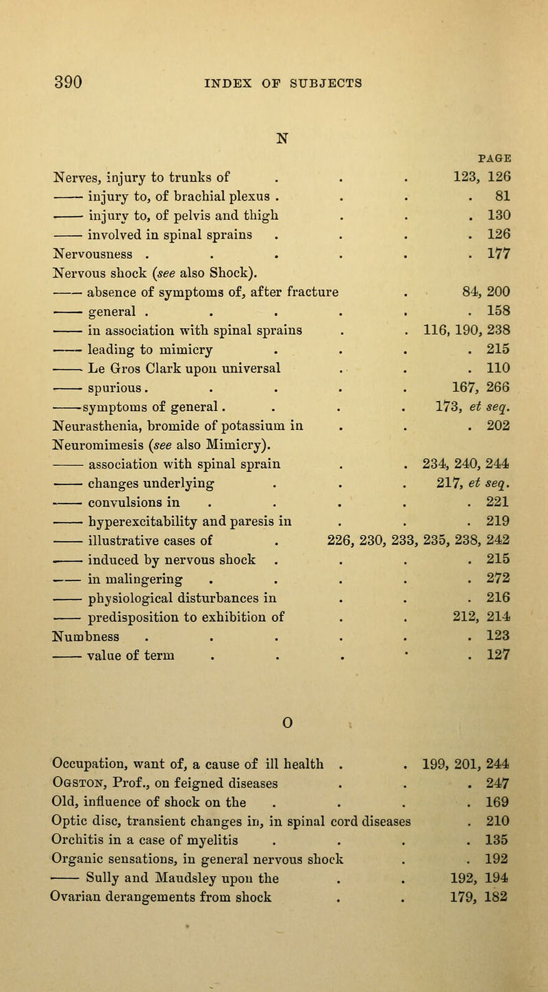 N PAGE Nerves, injury to trunks of 123, 126 injury to, of brachial plexus . . 81 ■ injury to, of pelvis and thigh . 130 involved in spinal sprains . 126 Nervousness . . 177 Nervous shock {see also Shock). absence of symptoms of, after fracture 84, 200 general . . 158 in association with spinal sprains . 116, 190, 238 leading to mimicry . 215 Le Gros Clark upon universal . 110 spurious. . . . 167, 266 symptoms of general. 173, et seq. Neurasthenia, bromide of potassium in . 202 Neuromimesis {see also Mimicry). association with spinal sprain . 234,240,244 changes underlying 217, et seq. • • convulsions in . . 221 hyperexcitability and paresis in . 219 illustrative cases of .22 6, 230, 233, 235, 238, 242 induced by nervous shock . 215 in malingering . 272 physiological disturbances in . 216 predisposition to exhibition of 212, 214 Numbness . 123 value of term . 127 0 Occupation, want of, a cause of ill health . Ogston, Prof., on feigned diseases Old, influence of shock on the Optic disc, transient changes in, in spinal cord diseases Orchitis in a case of myelitis Organic sensations, in general nervous shock ' Sully and Maudsley upon the Ovarian derangements from shock 199 ,201; 244 247 169 210 135 192 192, 194 179, 182