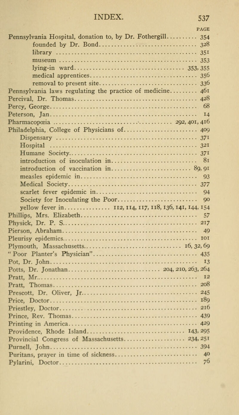 PAGE Pennsylvania Hospital, donation to, by Dr. Fothergill 354 founded by Dr. Bond 328 library 35i museum 353 lying-in ward 352, 355 medical apprentices 356 removal to present site 336 Pennsylvania laws regulating the practice of medicine 461 Percival, Dr. Thomas 428 Percy, George 68 Peterson, Jan 14 Pharmacopoeia 292, 401, 416 Philadelphia, College of Physicians of 409 Dispensary 37i Hospital 321 Humane Society 37i introduction of inoculation in 81 introduction of vaccination in 89, 91 measles epidemic in 93 Medical Society 377 scarlet fever epidemic in 94 Society for Inoculating the Poor 90 yellow fever in 112,114, 117, n8, 136,141,144, 154 Phillips, Mrs. Elizabeth 57 Physick, Dr. P. S 217 Pierson, Abraham 49 Pleurisy epidemics loi Plymouth, Massachusetts 16, 32,69  Poor Planter's Physician 435 Pot, Dr. John 13 Potts, Dr. Jonathan 204, 210,263, 264 Pratt, Mr 12 Pratt, Thomas 208 Prescott, Dr. Oliver, Jr 245 Price, Doctor 189 Priestley, Doctor 216 Prince, Rev. Thomas 439 Printing in America 429 Providence, Rhode Island 143. 295 Provincial Congress of Massachusetts 234, 251 Purnell, John 394 Puritans, prayer in time of sickness 40 Pylarini, Doctor 76