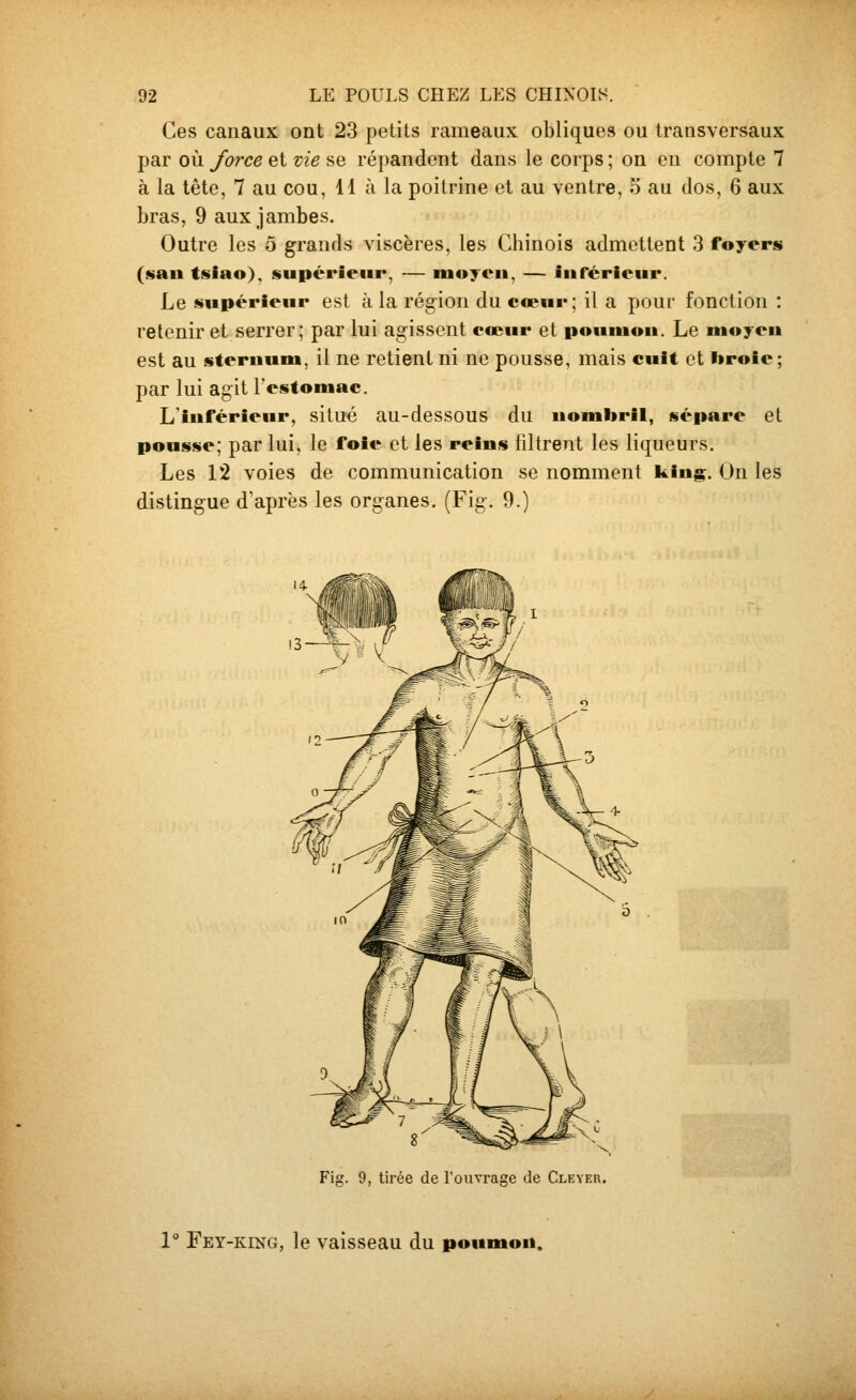 Ces canaux ont 23 petits rameaux obliques ou transversaux par où force et vie se répandent dans le corps ; on en compte 7 à la tête, 7 au cou, 11 à la poitrine et au ventre, o au dos, 6 aux bras, 9 aux jambes. Outre les 5 grands viscères, les Chinois admettent 3 foyers (sau tsiao), supérieur, — moyen, — inférieur. Le supérieur est à la région du cœur; il a pour fonction : retenir et serrer; par lui agissent coeur et poumon. Le moyen est au sternum, il ne retient ni ne pousse, mais cuit et broie; par lui agit l'estomac. L'inférieur, situé au-dessous du nombril, sépare et pousse; par lui, le foie et les reins filtrent les liqueurs. Les 12 voies de communication se nomment i^ing. On les distingue d'après les organes. (Fig. 9.) Fig. 9, tirée de l'ouvrage de Cleyer. 1° Fet-king, le vaisseau du poumon.