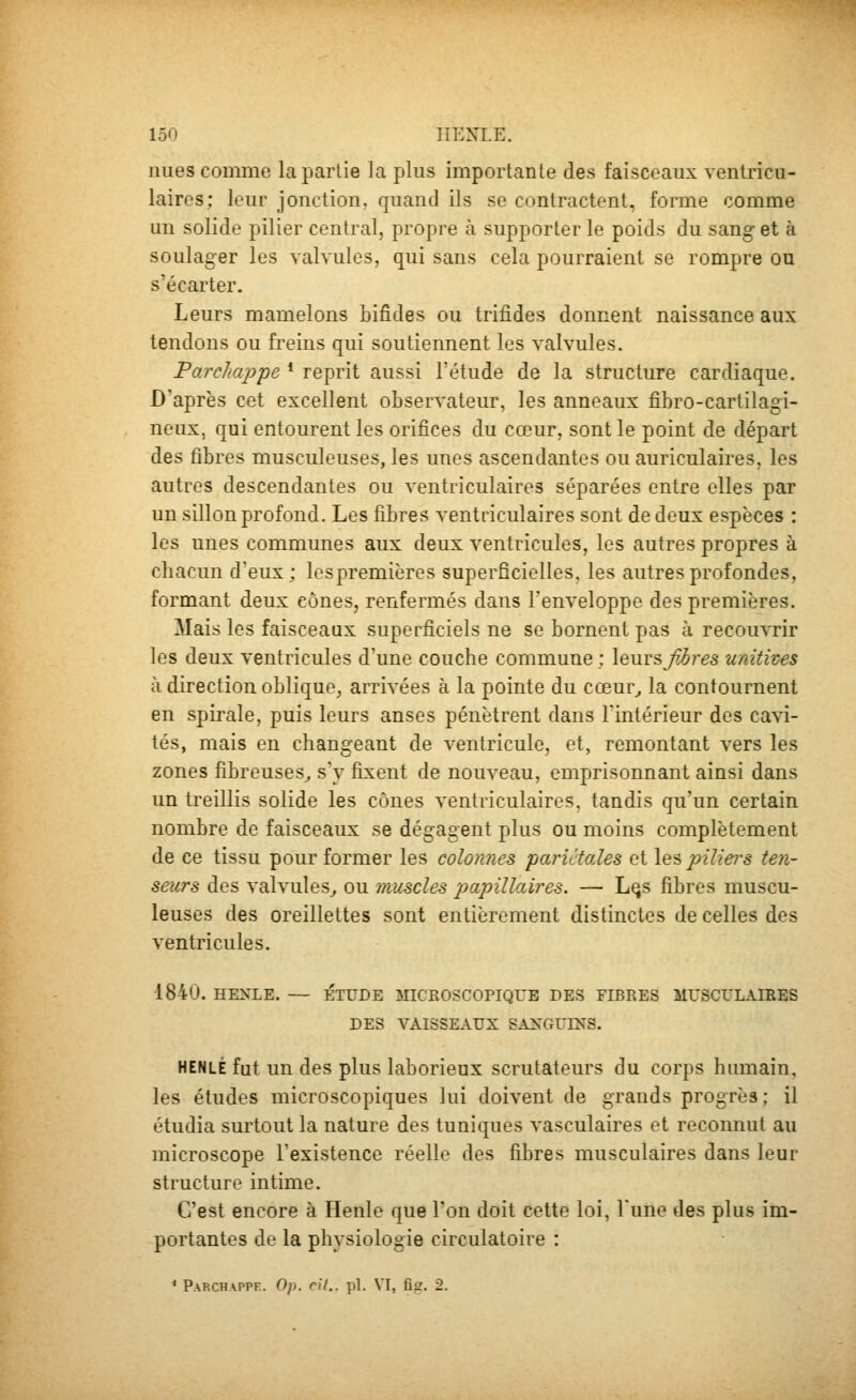 unes comme la partie la plus importante des faisceaux ventricu- laires; leur jonction, quand ils se contractent, forme comme un solide pilier central, propre à supporter le poids du sang et à soulager les valvules, qui sans cela pourraient se rompre ou s'écarter. Leurs mamelons bifides ou trifides donnent naissance aux tendons ou freins qui soutiennent les valvules. Parchappe * reprit aussi l'étude de la structure cardiaque. D'après cet excellent observateur, les anneaux fibro-cartilagi- neux, qui entourent les orifices du cœur, sont le point de départ des fibres musculeuses, les unes ascendantes ou auriculaires, les autres descendantes ou ventriculaires séparées entre elles par un sillon profond. Les fibres ventriculaires sont de deux espèces : les unes communes aux deux ventricules, les autres propres à chacun d'eux; lespremières superficielles, les autres profondes, formant deux cônes, renfermés dans l'enveloppe des premières. Mais les faisceaux superficiels ne se bornent pas à recou\Tir les deux ventricules d'une couche commune ; \Quv?,Jibres unitives à direction oblique, arrivées à la pointe du cœur^ la contournent en spirale, puis leurs anses pénètrent dans l'intérieur des cavi- tés, mais en changeant de ventricule, et, remontant vers les zones fibreuses^ s'y fixent de nouveau, emprisonnant ainsi dans un treillis solide les cônes ventriculaires, tandis qu'un certain nombre do faisceaux se dégagent plus ou moins complètement de ce tissu pour former les colonnes pariétales et les piliers ten- seurs des valvules^ ou muscles papillaires. — L^s fibres muscu- leuses des oreillettes sont entièrement distinctes de celles des ventricules. 1840. HENLE. — ÉTUDE MICEOSCOPIQUE DES FIBRES MUSCULAIRES DES VAISSEAUX SANGUINS. HENLÉ fut un des plus laborieux scrutateurs du corps humain, les études microscopiques lui doivent de grands progrès; il étudia surtout la nature des tuniques vasculaires et reconnut au microscope l'existence réelle des fibres musculaires dans leur structure intime. C'est encore à Henle que l'on doit cette loi, l'une des plus im- portantes de la physiologie circulatoire : * Parchappk. Op. cil., pi. VI, fig. 2.