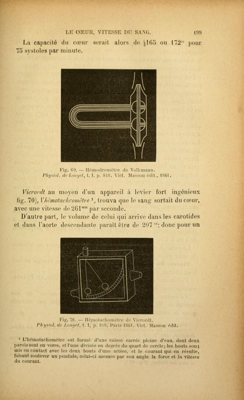 |ja capacité du cœur soruit alors t|o jjJGÎ) ou 172 pour 75 systoles par miuute. Fig. fi9. — Ilémodromètrc de Volkuiann. Phy^iol. de Longet, t. I, p. 848. Vict. IVIassou cdit.., ISfil. Vierordt au moyen d'un appareil à levier fort ingénieux fig-. 70), Yhêmotachromètre ^, trouva que le sang sortait du cœur, avec une vitesse de 261 par seconde. D'autre part^ le volume de celui qui arrive dans les carotides et dans l'aorte descendante paraît être de 207 ; donc pour un Fig. 10. — Hémotacliomètre de Vierordt. l'hysiol. de Longet, t. T, p. 8'i'», Paris 1861. Vict. .Afasson édit. ' L'hémotachomètre est formé d'iiue caisse carrée pleine d'eau, dont deux parois sont en verre, et l'une divisée ea degrés du quart de cercle; les bouts sont mis en contact avec les deux bouts d'une artère, et le courant qui en résulte, faisant soulever un pendule, celui-ci mesure par son angle la force et la vitesse du courant.