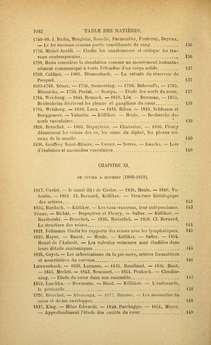 1740-60. J. Badia, Menghini, Boiielle, Parmentier, Fourcroy, Deyeux. — Le fer reconnu comme partie constituante du sang 136 1770. Michel Araldi. — Etudie les anastomoses et critique les tra- vaux contemporains 136 1790. Rezia considère la circulation comme un mouvement instanta- nément communiqué à toute l'étendue d'un corps solide 137 1760. Caldani. — 1805. Blumenbach. — La valvule du réservoir de Pecquet 137 1693-1749. Sénac. — 1756. Sœraerring. — 1790. Behrend's. — 1785. Mûnnicks. — 1750. Portai. — Scarpa. —• Etude des nerfs du cœur. 137 1784. Wrisberg. — 1844. Remack. — 18^j9. Lée. — Bowman, — 1855. Heidenheim décrivent les plexus et ganglions du cœur 139 1784. Wrisberg. — 1810. Luca. — 1816. Ribes. — 1843. Schlemm et Burggraeve. — Valentin. — Kolliker. — Henle. — Recherche des nerfs vasculaires .*.. 139 1826. Breschet. — 1803. Dupuytren. — Chaussier. — 1836. Fleury découvrent les veines des os, les sinus du diploé, les plexus vei- neux de la moelle 140 1836. Geoffroy Saint-Hilaire. — Cuvier. — Serres. — Isaacks. — Lois d'évolution et anomalies vasculaires 140 CHAPITRE XI. DE CUVIER A BISCHOFF [1800-1859]. 1817. Cuvier, — le canal dit : de Cuvier. — 1838. Henle. — 1840. Va- lentin. — 1849. Cl. Bernard, Kolliker. — Structure histologique des artères 142 1835. Burdach. —Kolliker. — Les vasa-vasorum, leur indépendance. 143 Sénac. — Bichat. — Dupuytren et Fleury. — Salter. — Kolliker. — Raciborski. —Breschet.— 1836. Raiischel. — 1859. Cl. Bernard. La structure des veines 144 1821. Fohmann étudie les rapports des veines avec les lymphatiques. 145 1823. Mayer. — Bauer. — Henle. — Kolliker. — Saller. — 1854. Houzé de l'Aulnoit. — Les valvules veineuses sont étudiées dans leurs détails anatomiques 143 1823. Guyot. — Les arborisations de la pie-mère, artères formatrices et nourricières du cerveau 146 Lœuwenhoek. — 1826. Laennec. — 1833. Bouillaud, — 1836. Bizot. — 1843. Meckel. — 1843. Neucourt. — 1854. Peakock. — Clendin- ning. — Etude du cœur dans son ensemble 147 1832. Luschka. — Bowmann. — Bizot. — Kolliker. — L'endocarde, le péricarde 148 1826. Breschet. — Alvarenga. — 1877. Dareste. — Los anomalies du cœur et de ses enveloppes 148 1837. King. — Milne Edwards. — 1840. Parchappe. — 1851. Meyer. — Approfondissent l'étude des cavités du cœur 149