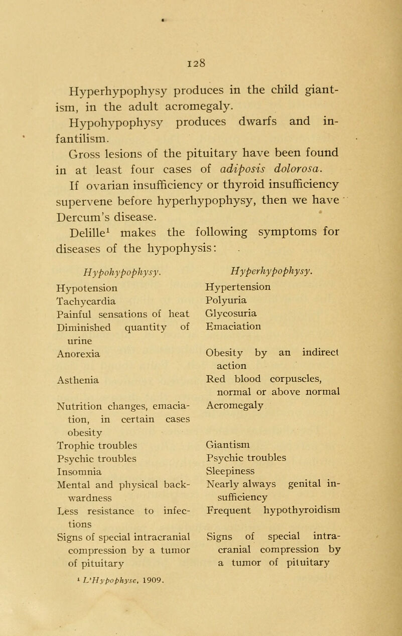 Hyperhypophysy produces in the child giant- ism, in the adult acromegaly. Hypohypophysy produces dwarfs and in- fantilism. Gross lesions of the pituitary have been found in at least four cases of adiposis dolorosa. If ovarian insufficiency or thyroid insufficiency supervene before hyperhypophysy, then we have Dercum's disease. Delille^ makes the following symptoms for diseases of the hypophysis: Hypohypophysy. Hypotension Tachycardia Painful sensations of heat Diminished quantity of urine Anorexia Asthenia Nutrition changes, emacia- tion, in certain cases obesity Trophic troubles Psychic troubles Insomnia Mental and physical back- wardness Less resistance to infec- tions Signs of special intracranial compression by a tumor of pituitary » L'Hjpophyse, 1909. Hyperhypophysy. Hypertension Polyuria Glycosuria Emaciation Obesity by an indirect action Red blood corpuscles, normal or above normal Acromegaly Giantism Psychic troubles Sleepiness Nearly always genital in- sufficiency Frequent hypothjToidism Signs of special intra- cranial compression by a tumor of pituitary