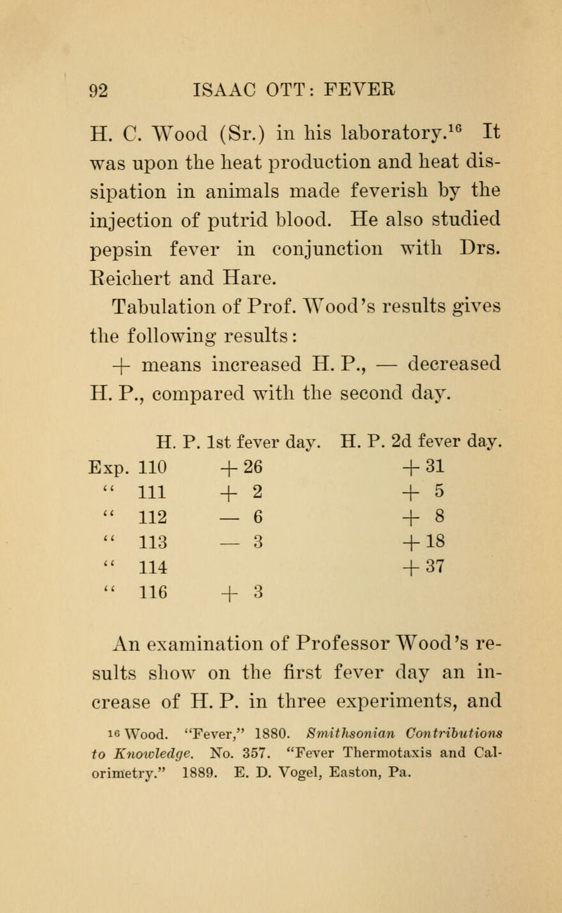 H. C. Wood (Sr.) in his laboratory.^^ It was upon the heat production and heat dis- sipation in animals made feverish by the injection of putrid blood. He also studied pepsin fever in conjunction with Drs. Eeichert and Hare. Tabulation of Prof. Wood's results gives the following results: + means increased H. P., — decreased H. P., compared with the second day. H. P. 1st fever day. H. P. 2d fever day. Exp. 110 + 26 + 31 '' 111 + 2 + 5  112 6 + 8 '' 113 3 + 18 '' 114 + 37  116 + 3 An examination of Professor Wood's re- sults show on the first fever day an in- crease of H. P. in three experiments, and 16 Wood. Fever, 1880. Smithsonian Contributions to Knowledge. No. 357. Fever Thermotaxis and Cal- orimetry. 1889. E. D. Vogel, Easton, Pa.
