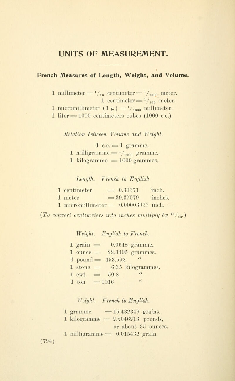 UNITS OF MEASUREMENT. French Measures of Length, Weight, and Volume. 1 millimeter = Vij, centimeter = Viooo meter. 1 centimeter =^ ^/mo meter. 1 micromillimeter (1 /a) = Viooo millimeter. 1 liter = 1000 centimeters cubes (1000 c.c). Relation hettveen Volume and Weight. 1 c.c. = 1 gramme. 1 milligramme = Vioon gramme. 1 kilogramme = 1000 grammes. Length. French to English. 1 centimeter = 0.39371 inch. 1 meter =39.37079 inches. 1 micromillimeter = 0.00003937 inch. {To convert centimeters into inches multiply by ^'Vas-) Weight. English to French. 1 grain = 0.0648 gramme. 1 ounce = 28.3495 grammes. 1 pound = 453.592 1 stone = 6.35 kilogrammes. 1 ewt. = 50.8 1 ton =1016 Weight. Fren-ch to English. 1 gramme = 15.432349 grains. 1 kilogramme = 2.2046213 pounds, or about 35 ounces. 1 milligramme = 0.015432 grain.