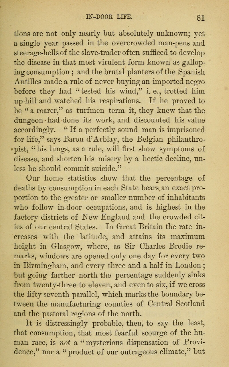 tions are not only nearly but absolutely nnkno^vn; yet a single year passed in the overcrowded man-pens and steerage-bells of tbe slave-trader often sufficed to develop tbe disease in tbat most virulent form known as gallop- ing consumption; and tbe brutal planters of tbe Spanisb Antilles made a rule of never buying an imported negro before tbey bad tested bis wind, i. e., trotted bim up-bill and watcbed bis respirations. If be proved to be  a roarer, as turfmen term it, tbey knew tbat tbe dungeon-bad done its work, and discounted bis value accordingly.  If a perfectly sound man is imprisoned for life, says Baron d'Arblay, tbe Belgian pbilantbro- ►pist, bis lungs, as a rule, will first sbow symptoms of disease, and sborten bis misery by a beetle decline, un- less be sbould commit suicide. Om' borne statistics sbow tbat tbe percentage of deatbs by consumption in eacb State bears, an exact pro- portion to tbe greater or smaller number of inbabitants wbo follow in-door occupations, and is bigbest in tbe factory districts of ]Sew England and tbe crowded cit- ies of our central States. In Great Britain tbe rate in- creases witb tbe latitude, and attains its maximum beigbt in Glasgow, wbere, as Sir Cbarles Brodie re- marks, windows are opened only one day for every two in Birmingbam, and every tbree and a balf in London; but going fartber nortb tbe percentage suddenly sinks from twenty-tbree to eleven, and even to six, if we cross tbe fif ty-seventb parallel, wbicb marks tbe boundary be- tween tbe manufactming counties of Central Scotland and tbe pastoral regions of tbe nortb. It is distressingly probable, tben, to say tbe least, tbat consumption, tbat most fearful scourge of tbe bu- man race, is not a  mysterious dispensation of Provi- dence, nor a  product of our outrageous climate, but