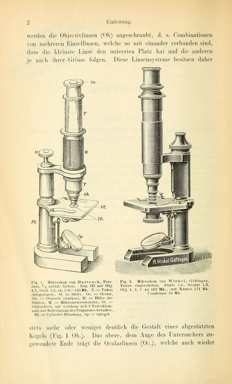 werden die Objectivlinsen (Ob) angeschraubt, d. s. Combinationen von mehreren Emzellinsen, welche so mit einander verbanden sind, dass die kleinste Linse den untersten Platz hat and die anderen je nach ihrer Grösse folgen. Diese Linsensysteme besitzen daher Fig. 1. Mikroskop von Uartiiack, Pots- dam, '/s iKitiirl. Grösse. Stat. III mit Obj. 4,7, Ücul. 2,3, ca. 110—120 Mk. T. = Tubus (ausgezogen), St. := Stativ, Oc. = Ocular, <Jb. = Objeciiv (starkes), H. = Hülse des Stativs, M. = Mikronieterscliraube, Ot. = ObjecUiscIi, auf welchem sicli 2 Federklem- men zur Hefesligung des Präparates betindeii, Bl. =: Cyliiider-Blendung, Sp. = Spiegel. Fig. 2. Mikroskop von Winkel, Göttingen. Tubns eingeschoben. Stativ 5b, Ocular 1,3, Otj. 1, ;i, 7 zu 162 Mk., mit Kasten 174 Mk. Condensor 10 Mk. stets mehr oder weniger deutlich die Gestalt eines abgestutzten Kegels (Lig. 1 Ob.). Das obere, dem Auge des Untersuchers zu- gewendete Ende trägt die Ocularlinscu (Oc), welche auch wieder