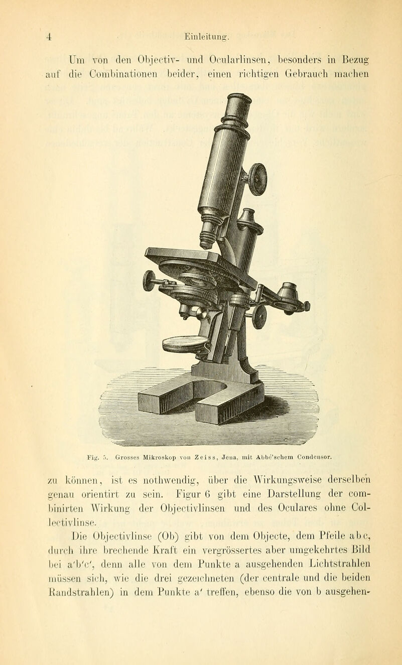 Um von den Objeetiv- und Ocnlarlinsen, besonders in Bezug auf die Conibinationen beider einen richtigen Gebraucli machen Fi^. .'i. Grosses Mikroskop von Zeiss, Jena, mit Aljbe'aclicm Condcnsor. /ii können, ist es notliwcndig, über die Wii'kungsweise derselben genau orientirt zu sein. Figur 6 gibt eine Darstellung der com- binirten Wirkung der Objeciivlinsen und des Oculares ohne Col- h'ctivlitise. Die (Jhjcctivliiisc (Ob) gibt, von dein Objecte, dem Pfeile abc, (hiicii ihi'c brechende Kraft ein vergrössertes aber umgekehrtes Bild bei a'b'c', (h.'uii aMe von dem Punkte a ausgehenden Lichtstrahlen müssen sich, vvic' die drei gezeichiieicii (der cenlrab' und die beiden Randstrahien) in dem Punkte a' treffen, ebenso die von b ausgehen-