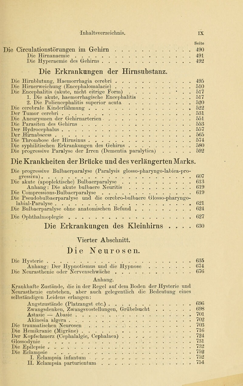 Seite Die Circulationstörimgen im Gehirn 490 Die Hirnanaemie 491 Die Hyperaemie des GreMrns 492 Die Erkrankungen der Hirnsubstanz. Die Hirnblutung-, Haemorrhagia cerebri . , 495 Die Hirnerweichung (Encepbalomalacie) 510 Die Encephalitis (akute, nicht eitrige Form) • . . 517 1. Die akute, haemorrhagische Encej)halitis 517 2. Die Poliencephalitis superior acuta 520 Die cerebrale Kinderlähmung 522 Der Tumor cerebri 531 Die Aneurysmen der Gehirnarterien 551 Die Parasiten des Grehirns 553 Der Hydrocephalus 557 Der Hirnabscess 565 Die Thrombose der Hirnsinus .,,...... 574 Die syphilitischen Erkrankungen des Grehirns 580 Die progressive Paralyse der Irren (Dementia paralytica) 592 Die Krankheiten der Brücke und des verlängerten Marks. Die progressive Bulbaerparalyse (Paralysis glosso-pharyngo-labiea-pro- gressiva) 607 Die akute (apoplektische) Bulbaerparalyse 613 Anhang: Die akute bulbaere Neuritis 619 Die Compressions-Bulbaerparalyse 619 Die Pseudobulbaerparalyse und die cerebro-bulbaere Grlosso-pharyngo- labial-Paralyse 621 Die Bulbaerparalyse ohne anatomischen Befund 624 Die Ophthalmoplegie 627 Die Erkrankungen des Kleinhirns .... 630 Vierter Abschnitt. Die Neurosen. Die Hysterie 635 Anhang: Der Hypnotismus und die Hy^snose 674 Die Neurasthenie oder Nervenschwäche 676 Anhang. Krankhafte Zustände, die in der ßegel auf dem Boden der Hysterie und Neurasthenie entstehen, aber auch gelegentlich die Bedeutung eines selbständigen Leidens erlangen: Angstzustände (Platzangst etc.) 696 Zwangsdenken, Zwangsvostellungen, Grrübelsucht 698 Astasie — Abasie . . . . . , .• 701 Akinesia algera 702 Die traumatischen Neurosen . 703 Die Hemikranie (Migräne) 716 Der Kopfschmerz (Cej^halalgie, Cephalaea) .. ^ ......... . 724 Grlossodynie 731 Die Epilepsie •■..-■. 732 Die Eclampsie 752 I. Eclampsia infantum 752 II. Eclampsia parturientum .............. 754