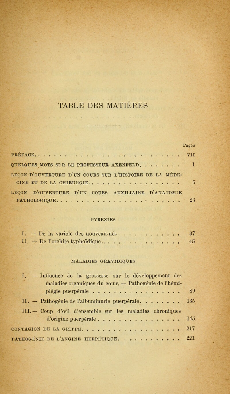 TABLE DES MATIERES Pages PRÉFACE , . VII QUELQUES MOTS SUR LE PROFESSEUR AXENFELD 1 LEÇON d'ouverture D'UN COURS SUR L'HISTOIRE DE LA MÉDE- CINE ET DE LA CHIRURGIE 5 LEÇON D'OUVERTURE D'UN COURS AUXILIAIRE D'ANATOMIE PATHOLOGIQUE • 23 PYREXIES I. — De la variole des uouveau-ués 37 II. — De l'orclaite typhoïdique 45 MALADIES GRAVIDIQUES I. — Influence de la grossesse sur le développement des maladies organiques du cœur, — Pathogénie de l'hémi- plégie i^uerpérale , 89 II. — Pathogénie de l'albuminurie puerpérale 135 III. — Coup d'œil d'ensemble sur les maladies chroniques d'origine puerpérale 145 CONTAGION DE LA GRIPPE 217 PATHOGÉNIE DE L'ANGINE HERPÉTIQUE. . 221