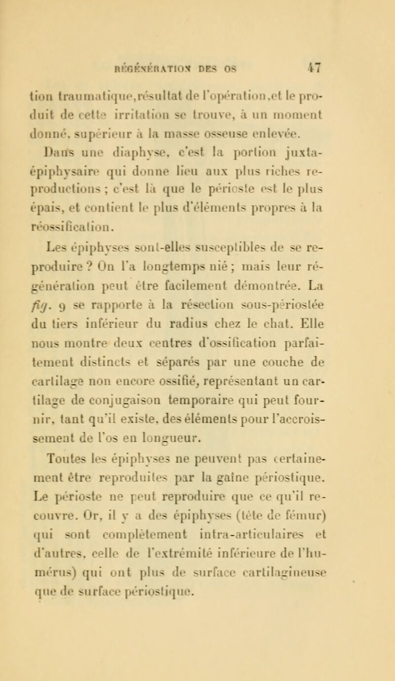 RKOKNKRATIoX DE< O-; iT lion traumatique,résultat de l'opération,el le pro- duit de cetl ■ irritation se trouve, à un moment donné, sup rieur à la n enlevée. I1 fs une diaphyse, c'est la portion juxta- épiphysaire qui donne lieu aux plus riches re- productions; c'est là que le périoste esl le plus épais, et contient le plus d'éléments propres à la ssificalion. L - épiphyses sont-elles susceptibles de - produire? On l'a longtemps nié ; mais leur ré- éralion peul être facilement démontrée. La fiO- 9 Sl' rapport à lft résection sous-périos du tiers inférieur du radius chez le chat. Elle nous montre deux centres d'ossification parfai- tement distincts et séparés par une couche de cartilage non encore ossifié; représentant nncar- tilage de conjugaison temporaire qui peut four- nir, tant qu'il existe, des éléments pour l'accrois- sement Je l'os en longueur. Toutes les épiphyses ne peuvent pas certaine- ment être reproduites par la gatne périostique. Le périoste ne peul reproduire que ce qu'il re- couvre. Or, il y a des épiphyses (tète de fémur) i[ui smit complètement intra-articulaires et d'autres, celle de l'extrémité inférieure de l'hu- mérus) qui nt plu- de surface cartilagineuse que de surface périostique.