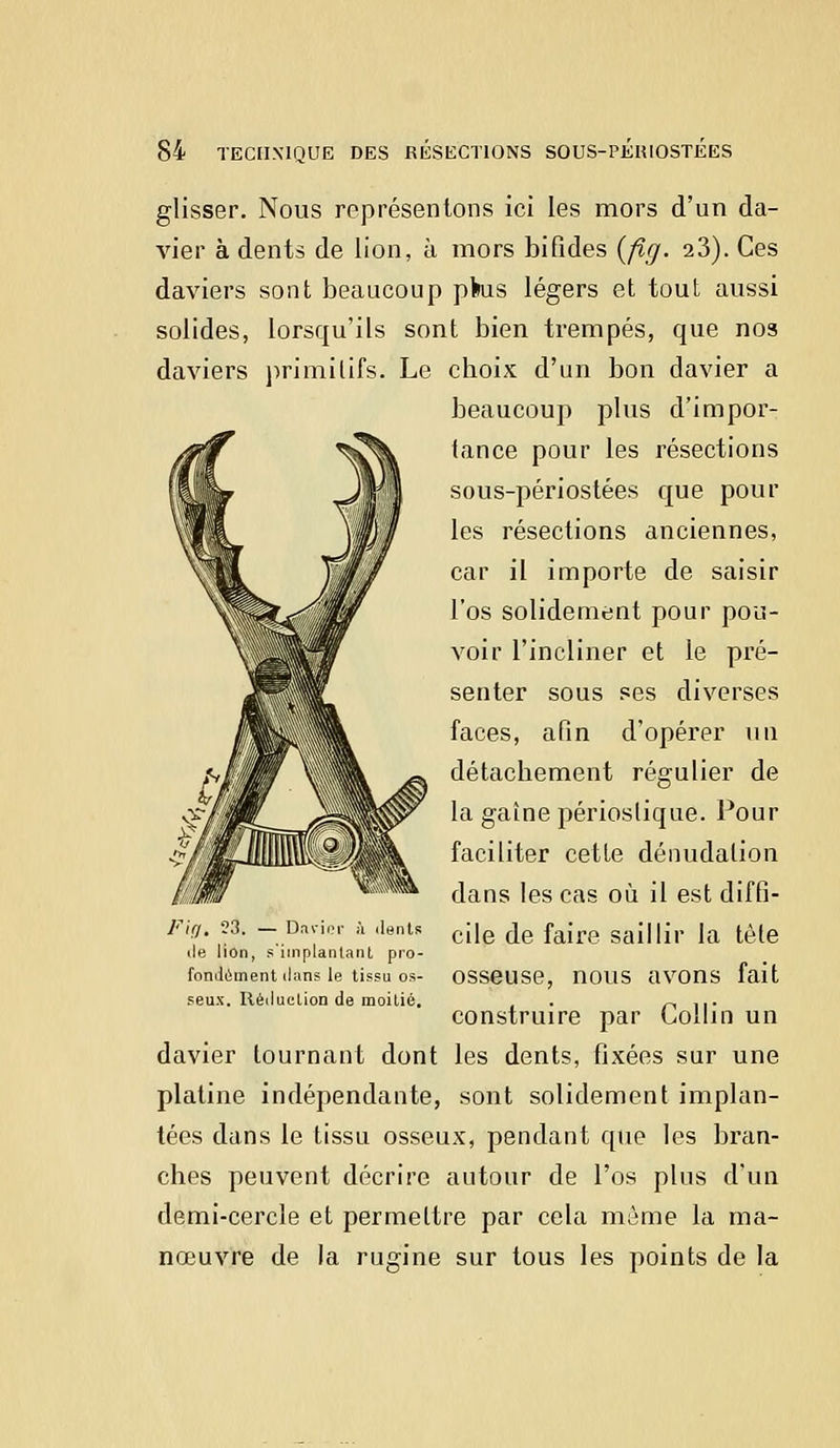 glisser. Nous représentons ici les mors d'un da- vier à dents de lion, à mors bifides {ficj. 2 3). Ces daviers sont beaucoup pkis légers et tout aussi solides, lorsqu'ils sont bien trempés, que nos daviers primitifs. Le cboix d'un bon davier a beaucoup plus d'impor- tance pour les résections sous-périostées que pour les résections anciennes, car il importe de saisir l'os solidement pour pou- voir l'incliner et le pré- senter sous ses diverses faces, afin d'opérer un détachement régulier de la gaine périoslique. Pour faciliter cetle dénudalion dans les cas où il est diffi- cile de faire saillir la tète osseuse, nous avons fait construire par Collin un davier tournant dont les dents, fixées sur une platine indépendante, sont solidement implan- tées dans le tissu osseux, pendant que les bran- ches peuvent décrire autour de l'os plus d'un demi-cercle et permettre par cela même la ma- nœuvre de la rugine sur tous les points de la lia Fie/. 23. — Darier à dents île lion, s'iinplantant pro- fondément dans le tissu os- seux. Réduction de moitié.