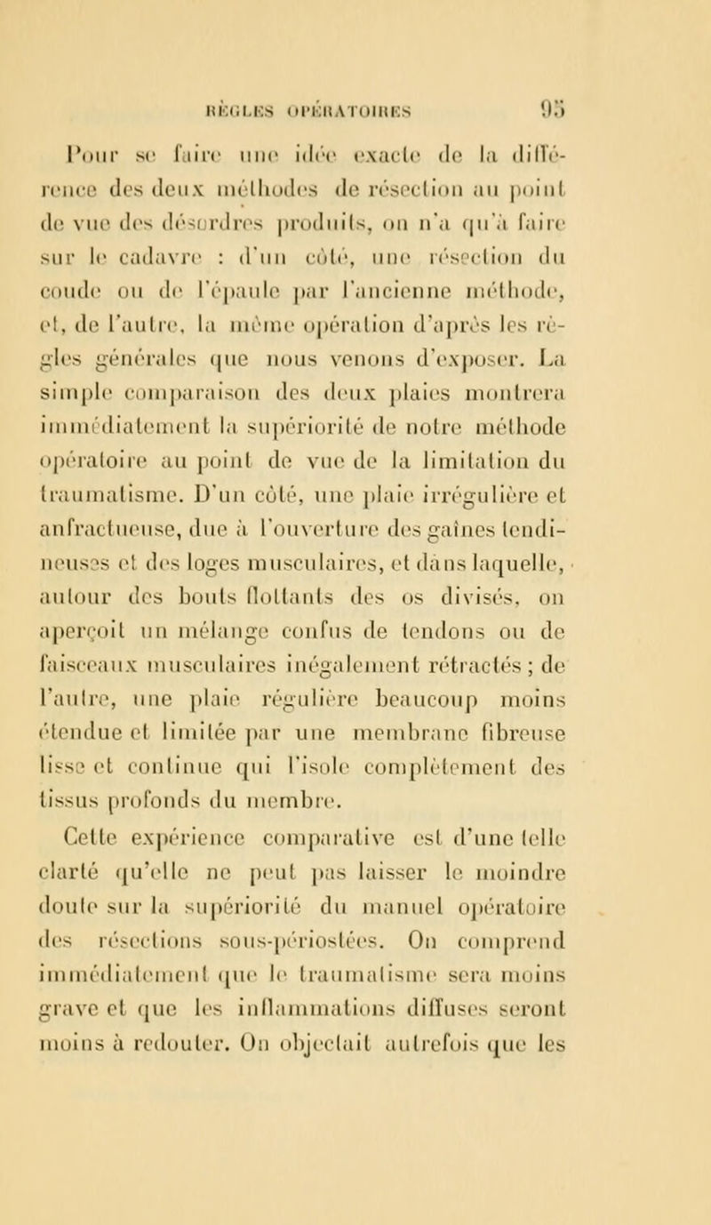 Pour Be faire une idée exacte «le la diffé- rence des deux uiélhodes de résection au point de vue des dési rdres produits, on n'a qu'à faire sur le cadavre : d'un côté, une résection du coude nu de L'épaule par L'ancienne méthode, et, do L'autre, La même opération d'après 1rs rè- gles générales que nous venons d'exposer. La simple comparaison des deux plaies montrera immédiatement la supériorité de noire méthode opératoire au point do vue; de la limitation du traumatisme. D'un côté, une plaie irrégulière et anfractueuse, due à L'ouverture des gaines tendi- neiis >s el des Loges musculaires, et dans Laquelle, autour des bouts Qoltants des us divisés, on aperçoit un mélange confus de tendons ou de Faisceaux musculaires inégalement rétractés; de l'autre, une plaio régulière beaucoup moins étendue el limitée par une membrane fibreuse Lisse et continue qui l'isole complètemenl des tissus profonds du membre. Celte expérience comparative esl d'une (elle clarté qu'elle ne peut pas laisser le moindre doule sur la supériorité du manuel opératoire des résections sous-périostées. On comprend immédiatcmenl que le traumatisme sera moins grave el que les inflammations diffuses seronl moins à redouter. On objectait autrefois que les