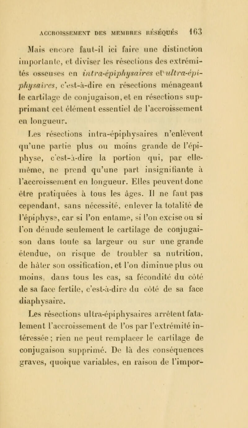 Mais encore faut-il ici faire une distinction importante, il diviser les résections des extrémi- tés osseuses en \ntr<x~épiphymire8 efcuUrœ-épi- phys&ires, c'est-à-dire en résections ménageant le cartilage de conjugaison,et en résections sup- primant cet élément essentiel de l'accroissement en longueur. Les résections inlra-épiphysaires n'enlèvent qu'une partie plus ou moins grande de l'épi- physe, c'est-à-dire la portion qui, par elle- même, ne prend qu'une part insignifiante à l'accroissement en longueur. Elles peuvent donc être pratiquées à tous les âges. Il ne faut pas cependant, sans nécessité, enlever la totalité de l'épiphyse, car si l'on entame, si l'on excise ou si l'on dénude seulement le cartilage de conjugai- son dans toute sa largeur ou sur une grande étendue, on risque de troubler sa nutrition, de hâter son ossification, et l'on diminue plus ou moins, dans tous les cas, sa fécondité du côté de sa face fertile, c'est-à-diiv du coté de sa face diaphvsaire. Les résections ultra-épiphysaires arrêtent fata- lement L'accroissement de l'os par l'extrémité in- téressée; rien ne peut remplacer le cartilage de conjugaison supprimé. De là des conséquences graves, quoique variables, en raison de l'impor-