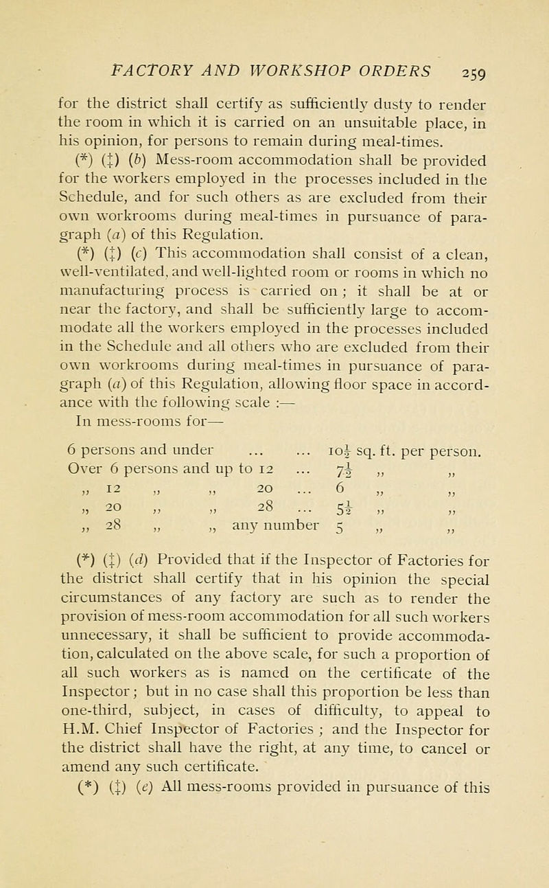 for the district shall certify as sufficiently dusty to render the room in which it is carried on an unsuitable place, in his opinion, for persons to remain during meal-times. (*) (J) {b) Mess-room accommodation shall be provided for the workers employed in the processes included in the Schedule, and for such others as are excluded from their own workrooms during meal-times in pursuance of para- graph (a) of this Regulation. (*) (;) (c) This accommodation shall consist of a clean, well-ventilated, and well-lighted room or rooms in which no manufacturing process is carried on; it shall be at or near the factory, and shall be sufficiently large to accom- modate all the workers employed in the processes included in the Schedule and all others who are excluded from their own workrooms during meal-times in pursuance of para- graph (a) of this Regulation, allowing floor space in accord- ance with the following scale :— In mess-rooms for— 6 persons and under it»i sq. ft. per person. Over 6 persons and up to 12 ... 7^ „ „ „ 12 „ „ 20 ... 6 >, 20 „ „ 28 ... si „ ,, 28 „ ,, any number 5 „ ,, (*) (±) (d) Provided that if the Inspector of Factories for the district shall certify that in his opinion the special circumstances of any factory are such as to render the provision of mess-room accommodation for all such workers unnecessary, it shall be sufficient to provide accommoda- tion, calculated on the above scale, for such a proportion of all such workers as is named on the certificate of the Inspector; but in no case shall this proportion be less than one-third, subject, in cases of difficulty, to appeal to H.M. Chief Inspector of Factories ; and the Inspector for the district shall have the right, at any time, to cancel or amend any such certificate. (*) (+) (e) All mess-rooms provided in pursuance of this