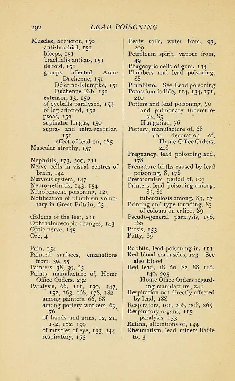 Muscles, abductor, 150 anti-brachial, 151 biceps, 151 brachialis anticus, 151 deltoid, 151 groups affected, Aran- Duchenne, 151 Dejerine-Klumpke, 151 Duchenne-Erb, 151 extensor, 13, 150 of eyeballs paralyzed, 153 of leg affected, 152 psoas, 152 supinator longus, 150 supra- and infra-scapular, effect of lead on, 185 Muscular atrophy, 157 Nephritis, 173, 200, 211 Nerve cells in visual centres of brain, 144 Nervous system, 147 Neuro-retinitis, 143, 154 Nitrobenzene poisoning, 125 Notification of plumbism volun- tary in Great Britain, 65 CEdema of the feet, 211 Ophthalmoscopic changes, 143 Optic nerve, 145 Ore, 4 Pain, 154 Painted surfaces, emanations from, 39, 55 Painters, 38, 39, 65 Paints, manufacture of, Home Office Orders, 232 Paralysis, 66, 111, 130, 147, 152, 163, 168, 178, 182 among painters, 66, 68 among pottery workers. 69, 76 of hands and arms, 12, 21, 152, 182, 199 of muscles of eye, 133, 144 respiratory, 153 Peaty soils, water from, 93, 209 Petroleum spirit, vapour from, 49 Phagocytic cells of gum, 134 Plumbers and lead poisoning. 88 l Plumbism. See Lead poisoning I Potassium iodide, 114, 134,171, 210 Potters and lead poisoning, 70 and pulmonary tuberculo- sis, 85 Hungarian, 76 Pottery, manufacture of, 68 and decoration of, Home Office Orders, 248 Pregnancy, lead poisoning and, 178 Premature births caused by lead poisoning, 8, 178 Presaturnism, period of, 103 Printers, lead poisoning among, 83,86 tuberculosis among, 83, 87 Printing and type founding, 83 of colours on calico, 89 Pseudo-general paralysis, 156, 160 Ptosis, 153 Putty, 89 Rabbits, lead poisoning in, 111 Red blood corpuscles, 123. See also Blood Red lead, 18, 6o, 82, 88, 116, 140, 205 Home Office Orders regard- ing manufacture, 241 Respiration not directly affected by lead, 188 Respirators, 101, 206, 208, 265 Respiratory organs, 115 paralysis, 153 Retina, alterations of, 144 Rheumatism, lead miners liable to, 3