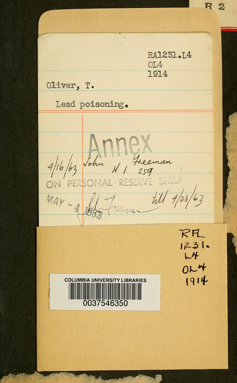 R 2 RA1231.L4 0L4 1914 Oliver, T. Lead poisoning. ON PEI May M I tsq SONAL RES 7 -V ^/ mfy COLUMBIA UNIVERSITY LIBRARIES 0037546350 I SI*