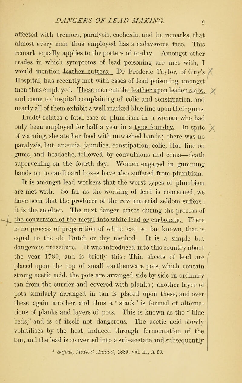 -/- DANGERS OF LEAD MAKING. g affected with tremors, paralysis, cachexia, and he remarks, that ahiiost every man thus employed has a cadaverous face. This remark equally applies to the potters of to-day. Amongst other would mention .katber cutters. Dr Frederic Taylor, of Guy's X Hospital, has recently met with cases of lead poisoning amongst men thus employed. Thpsp. mp.u cut, the leaJbhejLiifiQJiieadeiLslabs, )( and come to hospital complaining of colic and constipation, and nearly all of them exhibit a well marked blue line upon their gums. Lindt^ relates a fatal case of plumbism in a woman who had only been employed for half a year in a type foundry. In spite ^ of warning, she ate her food with unwashed hands; there was no paralysis, l:)ut antemia, jaundice, constipation, colic, blue line on gums, and headache, followed by convulsions and coma—death supervening on the fourth day. Women engaged in gumming bands on to cardboard boxes have also suffered from plumbism. It is amongst lead workers that the worst types of plumbism are met with. So far as the working of lead is concerned, we have seen that the producer of the raw material seldom suffers; it is the smelter. The next danger arises during the process of t_he conversionjjf the meta_Linta-wiiiteIead_or carbonate. There is no process of preparation of white lead so far known, that is equal to the old Dutch or dry method. It is a simple but dangerous procedure. It was introduced into this country about the year 1780, and is briefly this : Thin sheets of lead are placed upon the top of small earthenware pots, which contain strong acetic acid, the pots are arranged side by side in ordinary tan from the currier and covered with planks ; another layer of pots similarly arranged in tan is placed upon these, and over these again another, and thus a stack is formed of alterna- tions of planks and layers of pots. This is known as the  blue beds, and is of itself not dangerous. The acetic acid slowly volatilises by the heat induced through fermentation of the tan, and the lead is converted into a sub-acetate and subsequently ^ Sajous, Medical Annual, 1889, vol. ii., A 50.