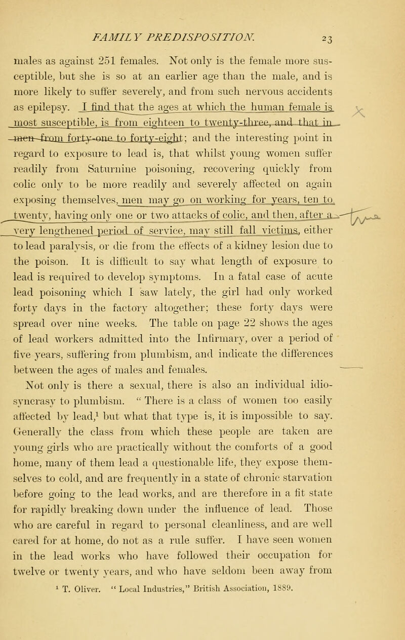 males as against 251 females. Xot only is the female more sus- ceptible, but she is so at an earlier age than the male, and is more likely to suffer severely, and from such nervous accidents as epilepsy. I find tliatthe^ages at which the human female is y most susceptibje. is from eighteen to_._twe3s]Lty.r::thjee, ■fl.nrl_i.hflt in ^ -^3:enr-jrmn forty-ane-to forty-eight; and the interesting point in regard to exposure to lead is, that whilst young women suffer readily from Saturnine poisoning, recovering quickly from colic only to be more readily and severely affected on again exposing themselves, men may go on working for years, ten to. twenty, having only one or two attacks of colic, and then, after a^--jT^- e> __very lengthenedj3erioxLp.L_service, may still fall victiiiia, either to lead paralysis, or die from the effects of a kidney lesion due to the poison. It is difficult to say what length of exposure to lead is required to develop symptoms. In a fatal case of acute lead poisoning which I saw lately, the girl had only worked forty days in the factory altogether; these forty days were spread over nine weeks. The table on page 22 shows the ages of lead workers admitted into the Infirmary, over a period of five years, suffering from plumbism, and indicate the differences between the ages of males and females. Xot only is there a sexual, there is also an individual idio- syncrasy to plumbism.  There is a class of women too easily affected by lead,^ but what that type is, it is impossible to say. Generally the class from which these people are taken are young girls who are practically without the comforts of a good home, many of them lead a questionable life, they expose them- selves to cold, and are frequently in a state of chronic starvation before going to the lead works, and are therefore in a fit state for rapidly breaking down under the influence of lead. Those who are careful in regard to personal cleanliness, and are well cared for at home, do not as a rule suffer. I have seen women in the lead works who have followed their occupation for twelve or twenty years, and who have seldom been away from ^ T. Oliver.  Local Industries, British Association, 1889,