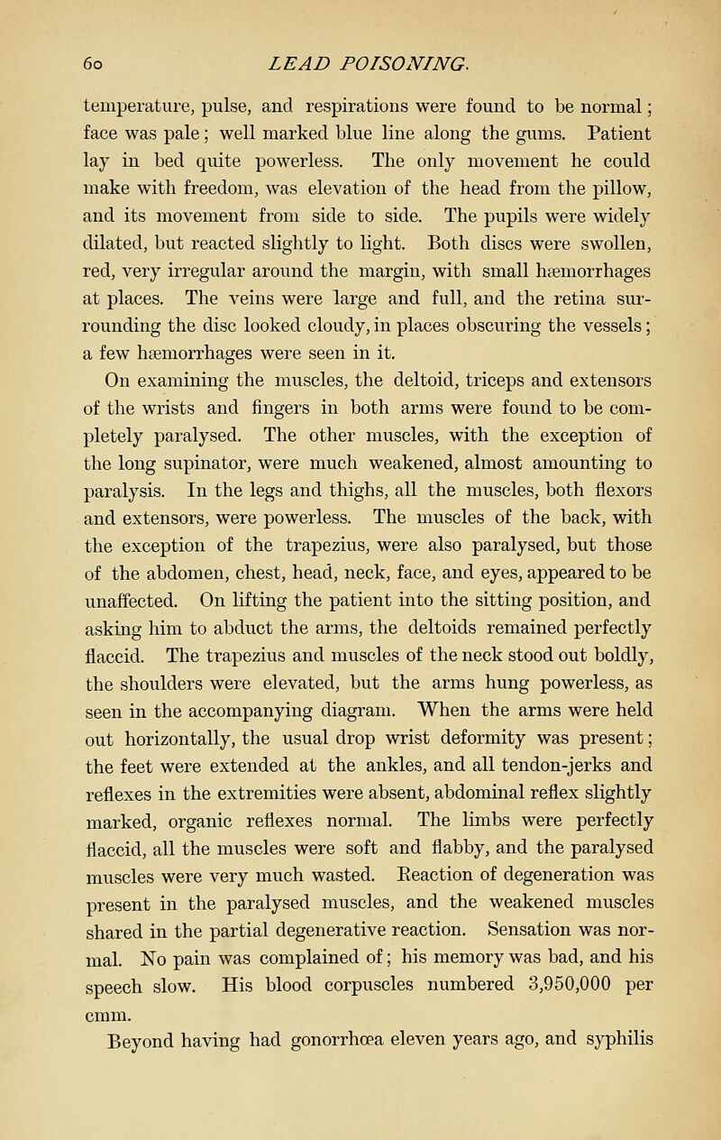 temperature, pulse, and respirations were found to be normal; face was pale; well marked blue line along the gums. Patient lay in bed quite powerless. The only movement he could make with freedom, was elevation of the head from the pillow, and its movement from side to side. The pupils were widely dilated, but reacted slightly to light. Both discs were swollen, red, very irregular around the margin, with small haemorrhages at places. The veins were large and full, and the retina sur- rounding the disc looked cloudy, in places obscuring the vessels; a few haemorrhages were seen in it. On examining the muscles, the deltoid, triceps and extensors of the wrists and fingers in both arms were found to be com- pletely paralysed. The other muscles, with the exception of the long supinator, were much weakened, almost amounting to paralysis. In the legs and thighs, all the muscles, both flexors and extensors, were powerless. The muscles of the back, with the exception of the trapezius, were also paralysed, but those of the abdomen, chest, head, neck, face, and eyes, appeared to be unaffected. On lifting the patient into the sitting position, and asking him to abduct the arms, the deltoids remained perfectly flaccid. The trapezius and muscles of the neck stood out boldly, the shoulders were elevated, but the arms hung powerless, as seen in the accompanying diagram. When the arms were held out horizontally, the usual drop wrist deformity was present; the feet were extended at the ankles, and all tendon-jerks and reflexes in the extremities were absent, abdominal reflex slightly marked, organic reflexes normal. The limbs were perfectly flaccid, all the muscles were soft and flabby, and the paralysed muscles were very much wasted. Eeaction of degeneration was present in the paralysed muscles, and the weakened muscles shared in the partial degenerative reaction. Sensation was nor- mal. No pain was complained of; his memory was bad, and his speech slow. His blood corpuscles numbered 3,950,000 per cmm. Beyond having had gonorrhoea eleven years ago, and syphilis