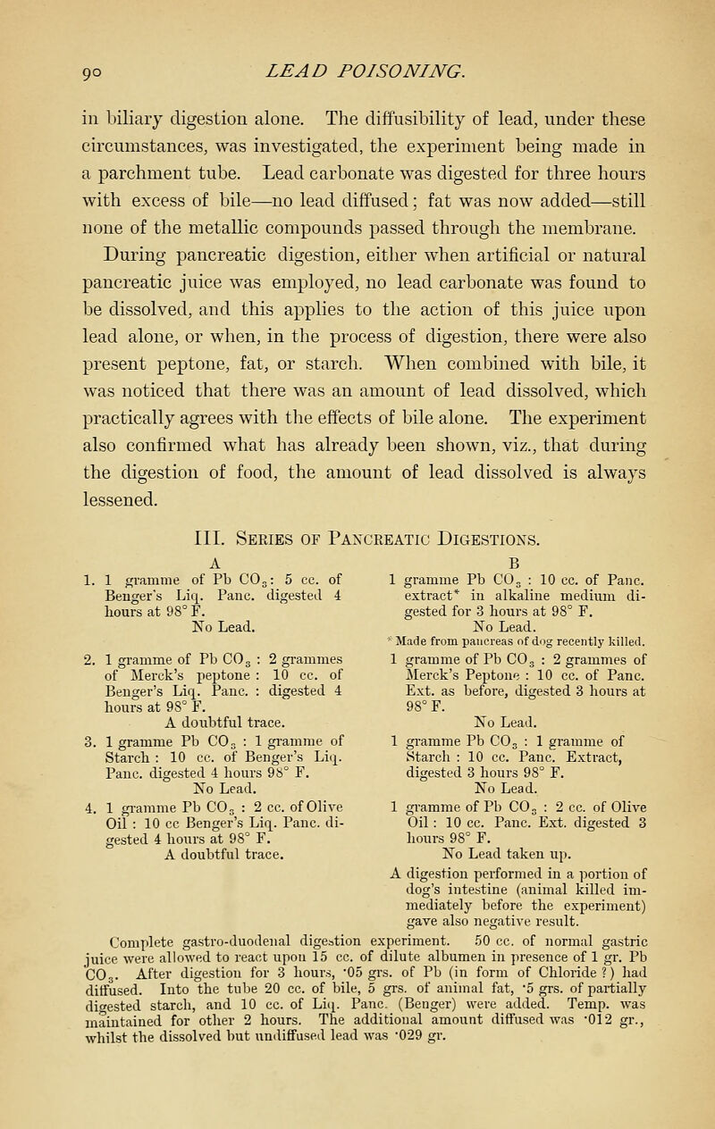 in biliary digestion alone. The cliffusibility of lead, under these circumstances, was investigated, the experiment being made in a parchment tube. Lead carbonate was digested for three hours with excess of bile—no lead diffused; fat was now added—still none of the metallic compounds passed through the membrane. During pancreatic digestion, either when artificial or natural pancreatic juice was employed, no lead carbonate was found to be dissolved, and this applies to the action of this juice upon lead alone, or when, in the process of digestion, there were also present peptone, fat, or starch. When combined with bile, it was noticed that there was an amount of lead dissolved, which practically agrees with the effects of bile alone. The experiment also confirmed what has already been shown, viz., that during the digestion of food, the amount of lead dissolved is always lessened. III. Series of PA^'CREATIC Digestions. A 1 gramme of Pb CO3: 5 cc. of Benger's Liq. Pane, digested 4 hours at 98° F. No Lead. 3. 2 gi'ammes 10 cc. of digested 4 B 1 gramme Pb C0„ : 10 cc. of Pane, extract* in alkaline medium di- gested for 3 hours at 98° P. No Lead. *Made from pancreas of dog recently killed. 1 gramme of Pb CO 3 : 2 grammes of Merck's Peptone : 10 cc. of Pane. Ext. as before, digested 3 hours at 98° F. No Lead. 1 gramme Pb CO 3 : 1 gramme of Starch ; 10 cc. Pane. Extract, digested 3 hours 98° F. No Lead. 1 gi'amme of Pb CO3 : 2 cc. of Olive Oil: 10 cc. Pane. Ext. digested 3 hours 98° F. No Lead taken up. A digestion performed in a portion of dog's intestine (animal killed im- mediately before the experiment) gave also negative result. Complete gastro-duodenal digestion experiment. .50 cc. of normal gastric juice were allowed to react upon 15 cc. of dilute albumen in presence of 1 gr. Pb CO 3. After digestion for 3 hours, 'Oo grs. of Pb (in form of Chloride?) had diffused. Into the tube 20 cc. of bile, 5 grs. of animal fat, '5 grs. of partially digested starch, and 10 cc. of Liii. Pane. (Benger) were added. Temp, was maintained for other 2 hours. The additional amount diffused was -012 gr., whilst the dissolved hut undiffused lead was '029 gr. 1 gramme of Pb CO3 of Merck's peptone Benger's Liq. Pane, hours at 98° F. A doubtful trace. 1 gramme Pb CO3 : 1 gramme of Starch : 10 cc. of Benger's Liq. Pane, digested 4 hours 98° F. No Lead. 1 gi-amme Pb CO3 : 2 cc. of Olive Oil : 10 cc Benger's Liq. Pane, di- gested 4 hours at 98° F. A doubtful trace.