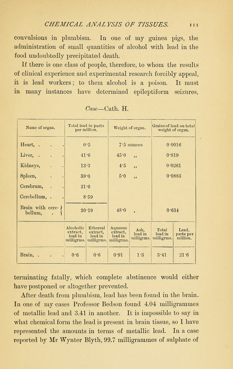 convulsions in plumbism. In one of my guinea pigs, the administration of small quantities of alcohol with lead in the food undoubtedly precipitated death. If there is one class of people, therefore, to whom the results of clinical experience and experimental research forcibly appeal, it is lead workers; to them alcohol is a poison. It must in many instances have determined epileptiform seizures. Case,—Cath. H. Name of organ. Total lead in parts per million. Weight of organ. Grains of lead on total weight of organ. Heart, . O-o 7 5 ounces 0-0016 Liver, . 41-6 45-0 ,, 0-819 Kidneys, 13-3 4-5 )j 0-0261 Spleen, 39-0 5-0 ,> 0-0883 Cerebrum, 21-6 Cerebellum, . Braiu with cere- ) bellum, . \ 8-59 48-0 ' 0-634 30-19 Alcoholic extract, lead in milligrms. Ethereal extract, lead in milligrms. Aqueous extract, lead in milligrms. Ash, lead in milligrms. Total lead in milligrms. Lead, parts per million. Brain, . 0-6 0-6 0-91 1-3 3-41 21-6 terminating fatally, which complete abstinence would either have postponed or altogether prevented. After death from plumbism, lead has been found in the bram. In one of my cases Professor Bedson found 4.04 milligrammes of metallic lead and 3.41 in another. It is impossible to say in what chemical form the lead is present in brain tissue, so I have represented the amounts in terms of metallic lead. In a case reported by Mr Wynter Blyth, 99.7 milligrammes of sulphate of