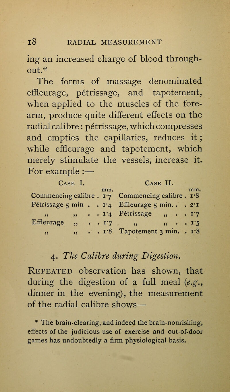ing an increased charge of blood through- out.* The forms of massage denominated effleurage, petrissage, and tapotement, when appHed to the muscles of the fore- arm, produce quite different effects on the radial calibre: petrissage, which compresses and empties the capillaries, reduces it; while effleurage and tapotement, which merely stimulate the vessels, increase it. For example :— Case I. Case II. mm. mm. Commencing calibre 17 Commencing calibre. 1-8 Petrissage 5 min . . 1*4 Effleurage 5 min. . 2-1 55 >» • 1-4 Petrissage ,, 17 Effleurage „ . 17 »» »» • . 1-5 j» »> • . 1-8 Tapotement 3 min. . 1-8 4. The Calibre during Digestion. Repeated observation has shown, that during the digestion of a full meal {e.g., dinner in the evening), the measurement of the radial calibre shows— * The brain-clearing, and indeed the brain-nourishing, effects of the judicious use of exercise and out-of-door games has undoubtedly a firm physiological basis.