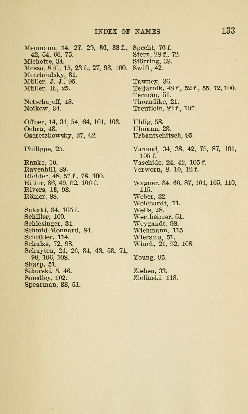 Meumann, 14, 27, 29, 36, 38 f., 42, 54, 66, 75. Michotte, 34. Mosso, 8 ff., 15, 23 f., 27, 96, 100. Motchoulsky, 31. Mtiller, J. J., 95. Miiller, R., 25. Netschajeff, 48. Noikow, 34. Offner, 14, 31, 54, 64, 101, 103. Oehrn, 43. Oseretzkowsky, 27, 62. Philippe, 25. Ranke, 10. Ravenhill, 89. Richter, 48, 57 f., 78, 100. Ritter, 36, 49, 52, 106 f. Rivers, 13, 93. Romer, 88. Sakaki, 34, 105 f. Seliiller, 109. Schlesinger, 34. Schmid-Monnard, 84. Schroder, 114. Schulze, 72, 98. Schuyten, 24, 26, 34, 48, 53, 71, 90, 106, 108. Sharp, 51. Sikorski, 5, 46. Smedley, 102. Spearman, 33, 51. Specht, 76 f. Stern, 28 f., 72. Storring, 39. Swift, 42. Tawney, 36. Teljatnik, 48 f., 52 f., 55, 72,100. Terman, 51. Thorndike, 21. Treutlein, 82 f., 107. Uhlig, 58. Ulmann, 23. Urbantschitsch, 95. Vannod, 34, 38, 42, 75, 87, 101, 105 f. Vaschide, 24, 42, 105 f. Verworn, 8, 10, 12 f. Wagner, 34, 66, 87, 101, 105, 110, 115. Weber, 32. Weichardt, 11. Wells, 28. Wertheimer, 51. Weygandt, 98. Wichmann, 115. Wiersma, 51. Winch, 21, 52, 108. Young, 95. Ziehen, 33. Zielinski, 118.