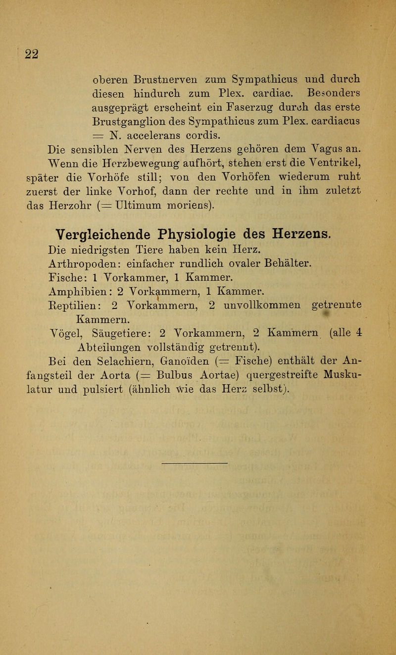 oberen Brustnerven zum Sympatliicus und durch diesen laindurcb. zum Plex. cardiac. Besonders ausgeprägt erscheint ein Faserzug durvih das erste Brustganglion des Sympathicus zum Plex. cardiacus = N. accelerans cordis. Die sensiblen Nerven des Herzens gehören dem Vagus an. Wenn die Herzbewegung aufhört, stehen erst die Ventrikel, später die Vorhöfe still; von den Vorhöfen wiederum ruht zuerst der linke Vorhof, dann der rechte und in ihm zuletzt das Herzohr {^= Ultimum moriens). Vergleichende Physiologie des Herzens. Die niedrigsten Tiere haben kein Herz. Arthropoden: einfacher rundlich ovaler Behälter. Fische: 1 Vorkammer, 1 Kammer. Amphibien: 2 Vorkammern, 1 Kammer. Reptilien: 2 Vorkammern, 2 unvollkommen getrennte Kammern. Vögel, Säugetiere: 2 Vorkammern, 2 Kammern (alle 4 Abteilungen vollständig getrennt). Bei den Selachiern, Ganoiden {■= Fische) enthält der An- fangsteil der Aorta (= Bulbus Aortae) quergestreifte Musku- latur und pulsiert (ähnlich wie das Herz selbst).
