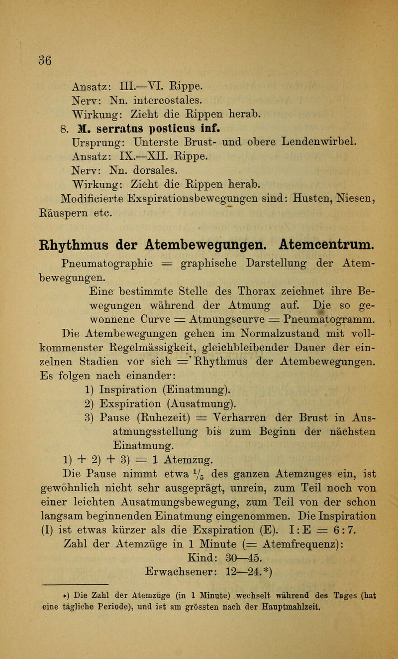 Ansatz: III.—VI. Rippe. Nerv: Nn. intercostales. Wirkung: Zielit die Rippen herab. 8. M. serratus posticus Inf. Ursprung: Unterste Brust- und obere Lendenwirbel. Ansatz: IX.—XII. Rippe. Nerv: Nn. dorsales. Wirkung: Zieht die Rippen herab. Modificierte Exspirationsbewegungen sind: Husten, Niesen, Räuspern etc. Rhythmus der Atembewegungen. Atemcentrum. Pneumatographie = graphische Darstellung der Atem- bewegungen. Eine' bestimmte Stelle des Thorax zeichnet ihre Be- wegungen während der Atmung auf. Die so ge- wonnene Curve = Atmungscurve =^ Pneumatogramm. Die Atembewegungen gehen im Normalzustand mit voll- kommenster Regelmässigkeit, gleichbleibender Dauer der ein- zelnen Stadien vor sich =* Rhythmus der Atembewegungen. Es folgen nach einander: 1) Inspiration (Einatmung). 2) Exspiration (Ausatmung). 3) Pause (Ruhezeit) := Verharren der Brust in Aus- atmungsstellung bis zum Beginn der nächsten Einatmung. 1) + 2) + 3) = 1 Atemzug. Die Pause nimmt etwa Vg des ganzen Atemzuges ein, ist gewöhnlich nicht sehr ausgeprägt, unrein, zum Teil noch von einer leichten Ausatmungsbewegung, zum Teil von der schon langsam beginnenden Einatmung eingenommen. Die Inspiration (I) ist etwas kürzer als die Exspiration (E). I: E = 6:7, Zahl der Atemzüge in 1 Minute (= Atemfrequenz): Kind: 30—45. Erwachsener: 12—24. *) ♦) Die ZaU der Atemzüge (in 1 Minute) wechselt während des Tages (hat eine tägliche Periode), und ist am grössten nach der Hauptmahlzeit.