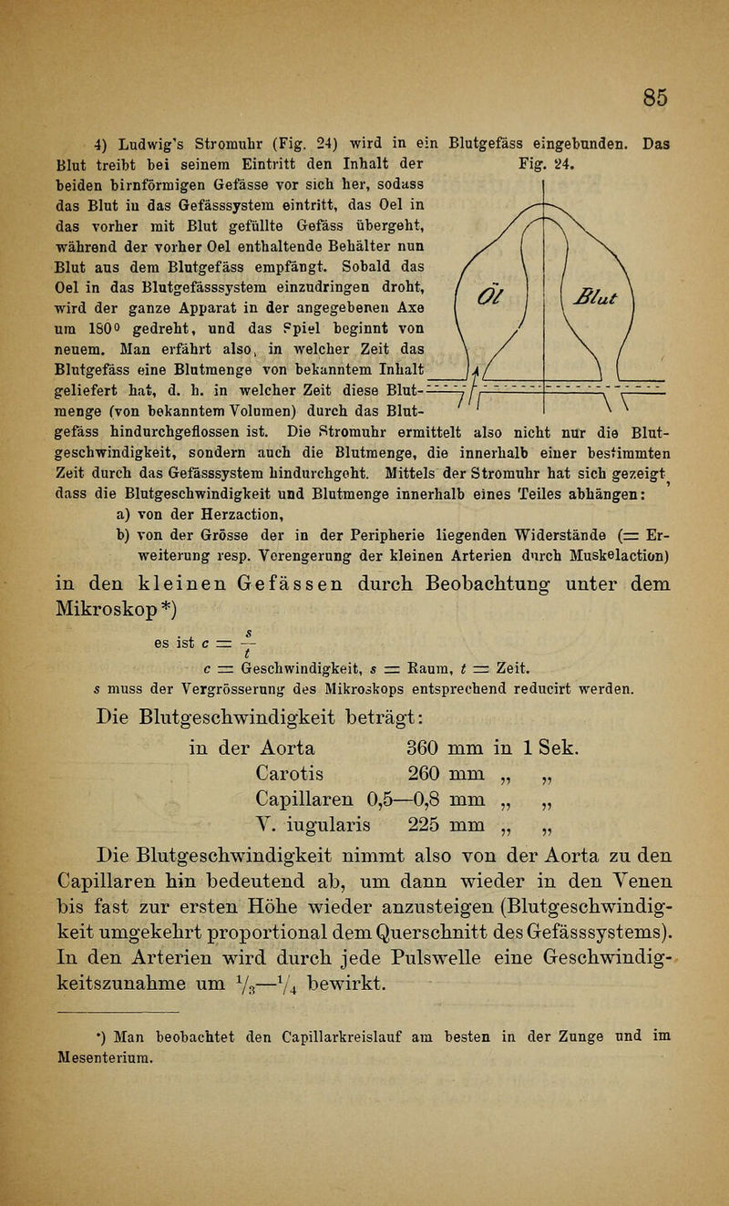 4) Ludwig's Stromvihr (Fig. 24) wird in ein Blutgefäss eingebunden. Das Blut treibt bei seinem Eintritt den Inhalt der beiden birnförmigen Gefässe vor sich her, sodass das Blut in das Gefässsystem eintritt, das Oel in das vorher mit Blut gefüllte Gefäss übergeht, während der vorher Oel enthaltende Behälter nun Blut aus dem Blutgefäss empfängt. Sobald das Oel in das Blutgefässsystem einzudringen droht, wird der ganze Apparat in der angegebenen Axe um 1800 gedreht, und das Fplel beginnt von neuem. Man erfährt also, in welcher Zeit das Blutgefäss eine Blutmenge von bekanntem Inhalt geliefert hat, d. h. in welcher Zeit diese Blut- menge (von bekanntem Volumen) durch das Blut- gefäss hindurchgeflossen ist. Die Stromuhr ermittelt also nicht nur die Blut- geschwindigkeit, sondern auch die Blutmenge, die innerhalb einer bestimmten Zeit durch das Gefösssystem hindurchgeht. Mittels der Stromuhr hat sich gezeigt dass die Blutgeschwindigkeit und Blutmenge innerhalb eines Teiles abhängen: a) von der Herzaction, b) von der Grösse der in der Peripherie liegenden Widerstände (= Er- weiterung resp. Verengerung der kleinen Arterien durch Muskelaction) in den kleinen Gefassen durch Beobaclitung unter dem Mikroskop*) es ist c =r t c r= Geschwindigkeit, s r= Kaum, t r= Zeit. s muss der Vergrösserung des Mikroskops entsprechend reducirt werden. Die Blutgeschwindigkeit beträgt: in der Aorta 360 mm in 1 Sek. Carotis 260 mm „ „ Capillaren 0,5—0,8 mm „ „ Y. iugularis 225 mm „ „ Die Blutgeschwindigkeit nimmt also von der Aorta zu den Capillaren liin bedeutend ab, um dann wieder in den Venen bis fast zur ersten Höhe wieder anzusteigen (Blutgeschwindig- keit umgekehrt proportional dem Querschnitt des Gefässsystems). In den Arterien wird durch jede Pulswelle eine Geschwindig- keitszunahme um Ys—V4 bewirkt. ♦) Man beobachtet den Capillarkreislauf am besten in der Zunge und im Mesenterium.