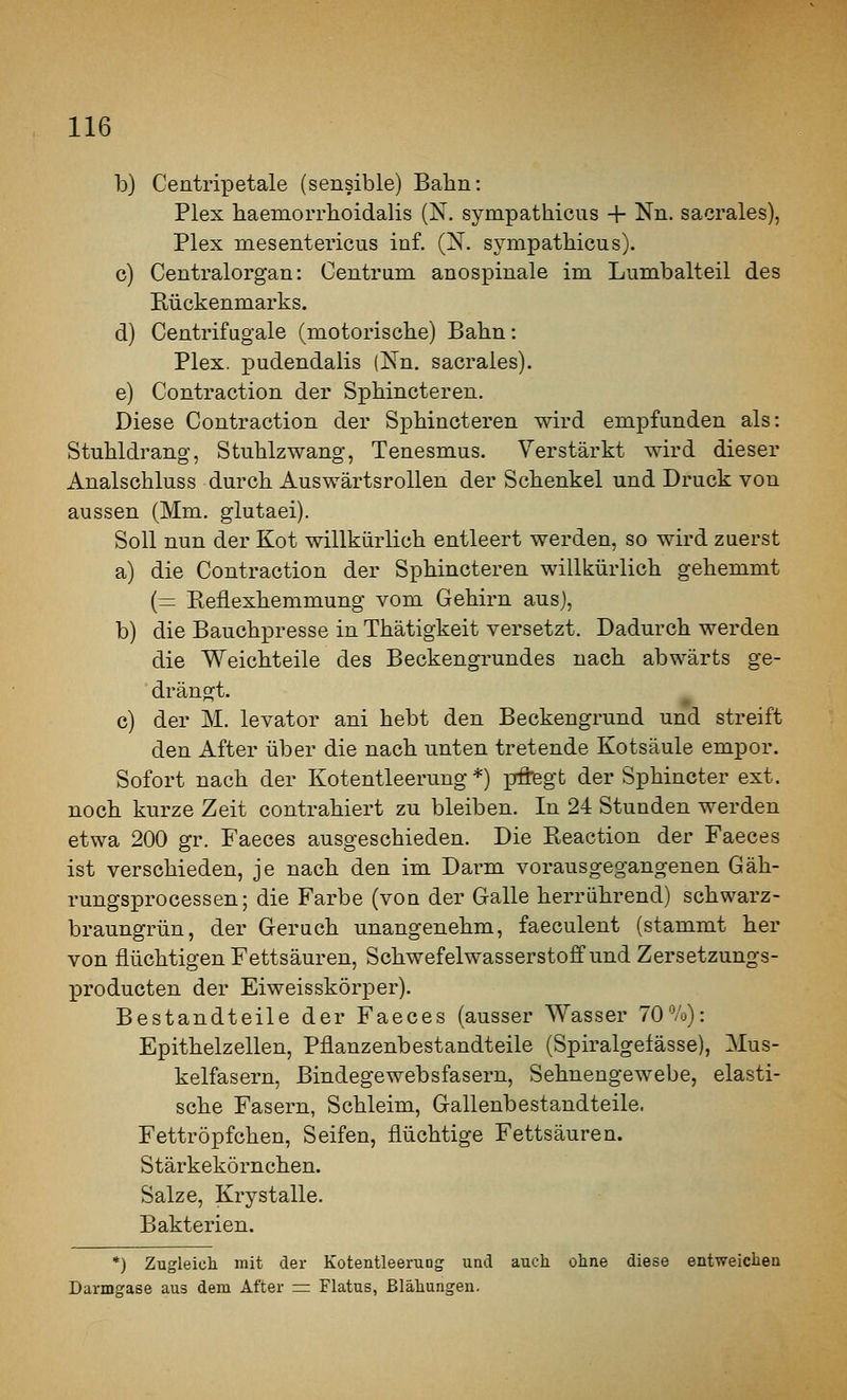 b) Centripetale (sensible) Bahn: Plex haemorrboidalis (N. sympathicus + Nn. sacrales), Plex mesentericus inf. (N. sympatbicus). c) Centralorgan: Centrum anospinale im Lumbaiteil des Rückenmarks. d) Centrifugale (motoriscbe) Bahn: Plex. x^udendalis (Nn. sacrales). e) Contraction der Spbincteren. Diese Contraction der Spbincteren wird empfunden als: Stubldrang, Stublzwang, Tenesmus. Verstärkt wird dieser Analscbluss durch Auswärtsrollen der Schenkel und Druck von aussen (Mm. glutaei). Soll nun der Kot willkürlich entleert werden, so wird zuerst a) die Contraction der Spbincteren willkürlich gehemmt (= Ptefiexbemmung vom Gehirn aus), b) die Bauchpresse in Thätigkeit versetzt. Dadurch werden die Weichteile des Beckengrundes nach abwärts ge- ■ drängt. c) der M. levator ani hebt den Beckengrund und streift den After über die nach unten tretende Kotsäule empor. Sofort nach der Kotentleerung*) pÄfegt der Sphincter ext. noch kurze Zeit contrahiert zu bleiben. In 24 Stunden werden etwa 200 gr. Faeces ausgeschieden. Die Reaction der Faeces ist verschieden, je nach den im Darm vorausgegangenen Gäh- rungsprocessen; die Farbe (von der Galle herrührend) schwarz- braungrün, der Geruch unangenehm, faeculent (stammt her von flüchtigen Fettsäuren, Schwefelwasserstoff und Zersetzungs- XDroducten der Eiweisskörper). Bestandteile der Faeces (ausser Wasser TO^/o): Epithelzellen, Pflanzenbestandteile (Spiralgefässe), Mus- kelfasern, Bindegewebsfasern, Sehnengewebe, elasti- sche Fasern, Schleim, Gallenbestandteile. Fettröpfchen, Seifen, flüchtige Fettsäuren. Stärkekörnchen. Salze, Krystalle. Bakterien. *) Zugleich mit der Kotentleeruüg und auch ohne diese entweichen Darmgase aus dem After rr Flatus, Blähungen.