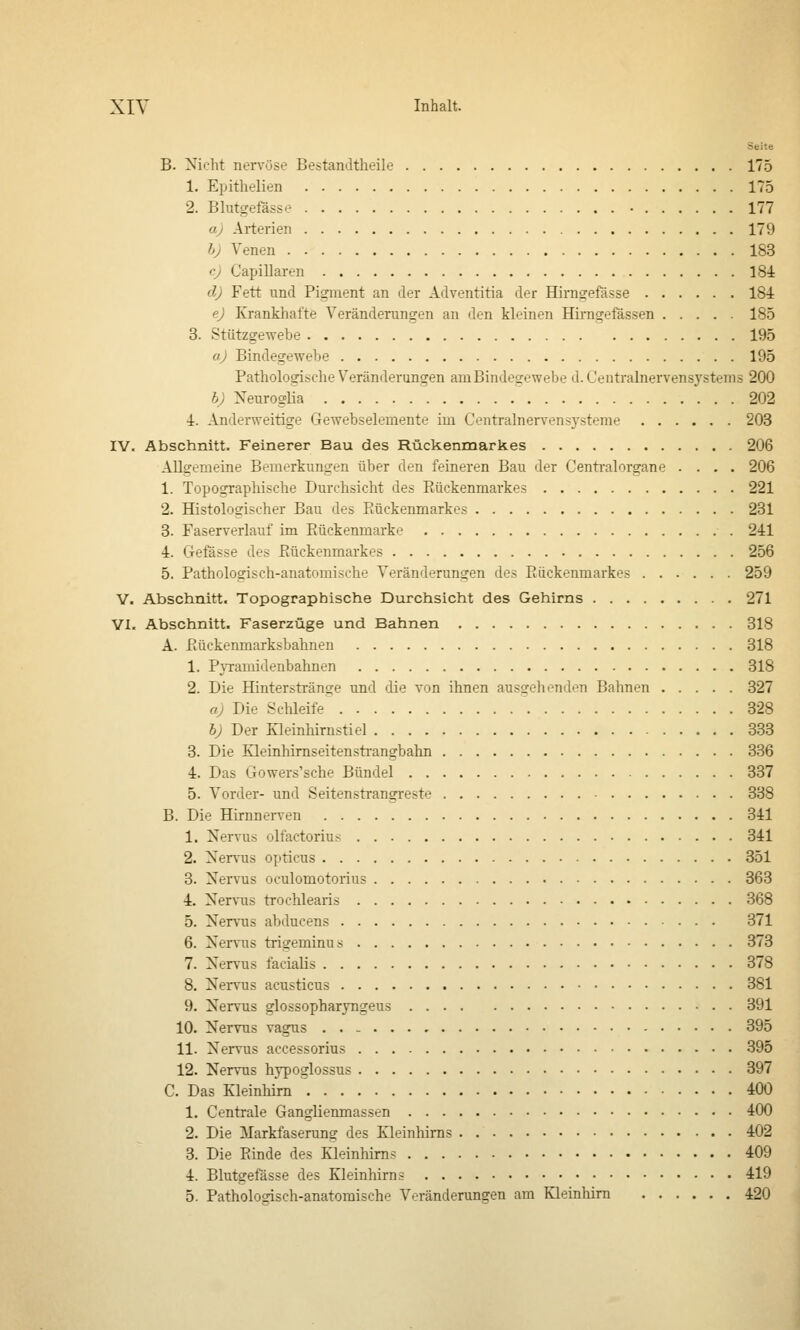 Seite B. Nicht nervöse Bestandtheile 175 1. Epithelien 175 2. Blutgefässe • 177 a) Arterien 179 b) Venen 183 c) Capillaren 381 d) Fett und Pigment an der Adventitia der Hii-ngefässe 18i e) Krankhafte Veränderungen an den kleinen Hirngefässen 185 3. Stützgewebe 195 o) Bindegewebe 195 Pathologische Veränderungen am Bindegewebe d. Centralnervensystems 200 b) Xeuroglia 202 4. Anderweitige Gewebselemente im Centralnervensysteme 203 IV. Abschnitt. Feinerer Bau des Rückenmarkes 206 Allgemeine Bemerkungen über den feineren Bau der Centralorgane .... 206 1. Topographische Durchsicht des Rückenmarkes 221 2. Histologischer Bau des Piückenmarkes 231 8. Faserverlauf im Eückenmarke 241 4. Gefässe des ßückenmarkes 256 5. Pathologisch-anatomische Veränderungen des Eiiekenmarkes 259 V. Abschnitt. Topographische Durchsicht des Gehirns 271 VI. Abschnitt. Faserzüge und Bahnen 318 Ä. Piückenmarksbahnen 318 1. Pyramidenbahnen 318 2. Die Hinterstränge und die von ihnen ausgehenden Bahnen 327 a) Die Schleife 328 b) Der Kleinhirnstiel 333 3. Die Kleinhimseitenstrangbahn 336 4. Das Gowers'sche Bündel 337 5. Vorder- und Seitenstrangreste 338 B. Die Hirnnerven 341 1. Nervus olfactorius 341 2. Nervus opticus 351 3. Nervus oculomotorius 863 4. Nervus trochlearis 368 5. Nervus abducens 371 6. Nervus trigeminus 373 7. Nervus facialis 378 8. Nervus acusticus 881 9. Nervus glossopharyngeus 391 10. Nervus vagus 895 11. Nervus accessorius 395 12. Nervus hypoglossus 897 C. Das Kleinhirn 400 1. Centrale Ganglienmassen 400 2. Die Markfaserung des Kleinhirns 402 3. Die Binde des Kleinhirns 409 4. Blutgefässe des Kleinhirns 419 5. Pathologisch-anatomische Veränderungen am Kleinhirn 420