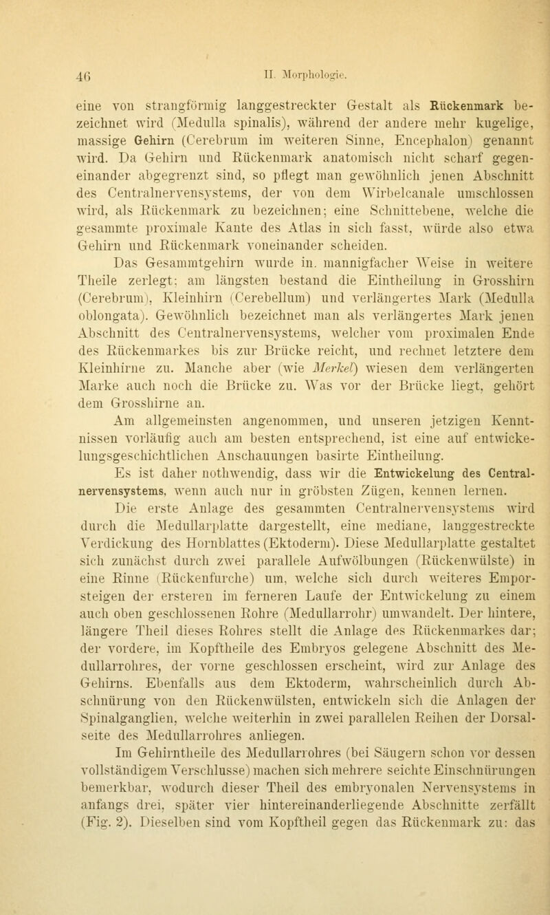 eine von strangfürmig langgestreckter Gestalt als Rückenmark be- zeichnet wird (Medulla spinalis), während der andere mehr kugelige, massige Gehirn (Cerebrum im weiteren Sinne, Encephalon) genannt wird. Da Gehirn und Rückenmark anatomisch nicht scharf gegen- einander abgegrenzt sind, so pflegt man gewöhnlich jenen Abschnitt des Centralnervensj'stems, der von dem Wirbelcanale umschlossen wird, als Eückenmark zu bezeichnen; eine Schnittebene, welche die gesammte proximale Kante des Atlas in sich fasst, würde also etwa Gehirn und Rückenmark voneinander scheiden. Das Gesammtgehirn wurde in. mannigfacher Weise in weitere Theile zerlegt; am längsten bestand die Eintheihmg in Grosshirn {Cerebrum), Kleinhirn (Cerebellum) und verlängertes Mark (Medulla oblongata). Gewöhnlich bezeichnet man als verlängertes Mark jenen Abschnitt des Centralnervensystems, welcher vom proximalen Ende des Rückenmarkes bis zur Brücke reicht, und rechnet letztere dem Kleinhirne zu. Manche aber (wie Merkel) wiesen dem verlängerten Marke auch noch die Brücke zu. Was vor der Brücke liegt, gehört dem Grosshirne an. Am allgemeinsten angenommen, und unseren jetzigen Kennt- nissen vorläufig auch am besten entsprechend, ist eine auf entwicke- lungsgeschichtlichen Anschauungen basirte Eintheihmg. Es ist daher nothweudig, dass wir die Entwickelung des Central- nervensystems, wenn auch nur in gröbsten Zügen, kennen lernen. Die erste Anlage des gesammten Centralnervensystems wird durch die Medullarplatte dargestellt, eine mediane, langgestreckte Verdickung des Hornblattes (Ektoderm). Diese Medullarplatte gestaltet sich zunächst durch zwei parallele Aufwölbungen (Rückenwülste) in eine Rinne (^Rückenfurche) um, welche sich durch weiteres Empor- steigen der ersteren im ferneren Laufe der Entwickelung zu einem auch oben geschlossenen Rohre (Medullarrohr) umwandelt. Der hintere, längere Theil dieses Rohres stellt die Anlage des Rückenmarkes dar; der vordere, im Kopftheile des Embryos gelegene Abschnitt des Me- dullarrohres, der vorne geschlossen erscheint, wird zur Anlage des Gehirns. Ebenfalls aus dem Ektoderm, wahrscheinlich durch Ab- schnürung von den Rückenwülsten, entwickeln sich die Anlagen der Spinalganglien, welche weiterhin in zwei parallelen Reihen der Dorsal- seite des Medullarrohres anliegen. Im Gehirntheile des Medullarrohres (bei Säugern schon vor dessen vollständigem Verschlusse) machen sich mehrere seichte Einschnürungen bemerkbar, wodurch dieser Theil des embryonalen Nervensystems in anfangs drei, später vier hintereinanderliegende Abschnitte zerfällt (Fig. 2). Dieselben sind vom Kopftheil gegen das Rückenmark zu: das