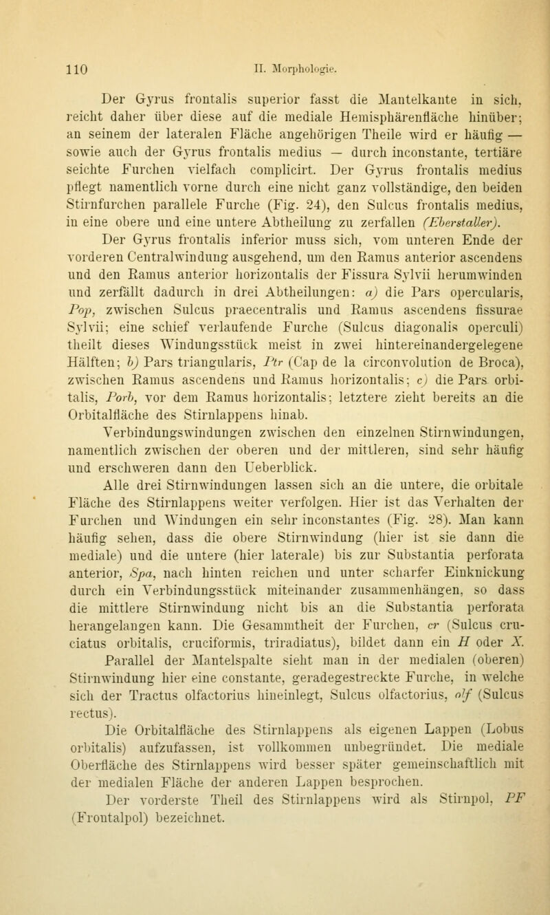 Der Gyrus frontalis superior fasst die Mantelkante in sich, reicht daher über diese auf die mediale Hemisphärenfläche hinüber; an seinem der lateralen Fläche angehörigen Theile wird er häufig — sowie auch der Gyrus frontalis medius — durch inconstante, tertiäre seichte Furchen vielfach complicirt. Der Gyrus frontalis medius pflegt namentlich vorne durch eine nicht ganz vollständige, den beiden Stirnfurchen parallele Furche (Fig. 24), den Sulcus frontalis medius, in eine obere und eine untere Abtheilung zu zerfallen (Eherstaller). Der Gyrus frontalis inferior muss sich, vom unteren Ende der vorderen Centralwindung ausgehend, um den Ramus anterior ascendens und den Ramus anterior horizontalis der Fissura Sylvii herumwinden und zerfällt dadurch in drei Abtheilungen: a) die Pars opercularis, Pop, zwischen Sulcus praecentralis und Ramus ascendens fissurae S3ivii; eine schief verlaufende Furche (Sulcus diagonalis operculi) theilt dieses Windungsstück meist in zwei hintereinandergelegene Hälften; h) Pars triangularis, Ptr (Cap de la circonvolution de Broca), zwischen Ramus ascendens und Ramus horizontalis; cj die Pars orbi- talis, Porh^ vor dem Ramus horizontalis; letztere zieht bereits an die Orbitalfläche des Stirnlappens hinab. Yerbindungswindungen zwischen den einzelnen Stirnwindungen, namentlich zwischen der oberen und der mittleren, sind sehr häufig und erschweren dann den Ueberblick. Alle drei Stirnwindungen lassen sich an die untere, die orbitale Fläche des Stirnlappens weiter verfolgen. Hier ist das Verhalten der Furchen und Windungen ein sehr inconstantes (Fig. 28). Man kann häufig sehen, dass die obere Stirnwindung (hier ist sie dann die mediale) und die untere (hier laterale) bis zur Substantia perforata anterior, Spa, nach hinten reichen und unter scharfer Eiuknickung durch ein Verbindungsstück miteinander zusammenhängen, so dass die mittlere Stirnwindung nicht bis an die Substantia perforata herangelaugeu kann. Die Gesammtheit der Furchen, er (Sulcus cru- ciatus orbitalis, cruciformis, triradiatus), bildet dann ein H oder A. Parallel der Mantelspalte sieht man in der medialen (oberen) Stirnwindung hier eine constante, geradegestreckte Furche, in welche sich der Tractus olfactorius hineinlegt, Sulcus olfactorius, olf (Sulcus rectus). Die Orbitalfläche des Stirnlappens als eigenen Lappen (Lobus orbitalis) aufzufassen, ist vollkommen unbegründet. Die mediale Oberfläche des Stirnlappens wird besser später gemeinschaftlich mit der medialen Fläche der anderen Lappen besprochen. Der vorderste Theil des Stirnlappens wird als Stirnpol, PF (Frontalpol) bezeichnet.