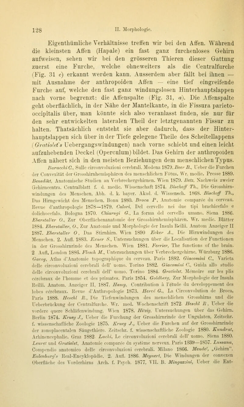 Eigenthümliche Verhältnisse treffen wir bei den Affen. Während die kleinsten Affen (Hapale) ein fast ganz furchenloses Gehirn aufweisen, sehen wir bei den grösseren Thieren dieser Gattung zuerst eine Furche, welche ohneweiters als die Centralfurche (Fig. 31 c) erkannt werden kann. Ausserdem aber fällt bei ihnen — mit Ausnahme der anthropoiden Affen — eine tief eingreifende Furche auf, welche den fast ganz windungslosen Hinterhauptslappen nach vorne begrenzt: die Affeuspalte (Fig. 31, a). Die Aftenspalte geht oberflächlich, in der Nähe der Mantelkante, in die Fissura parieto- occipitalis über, man könnte sich also veranlasst finden, sie nur für den sehr entwickelten lateralen Theil der letztgenannten Fissur zu halten. Thatsächlich entsteht sie aber dadurch, dass der Hinter- hauptslappen sich über in der Tiefe gelegene Theile des Scheitellappens ( G^;-a^to/e«'s Uebergangswindungen) nach vorne schiebt und einen leicht aufzuhebenden Deckel (Operculum) bildet. Das Gehirn der anthropoiden Affen nähert sich in den meisten Beziehungen dem menschlichen Typus. BaracchiC, Sülle circonvoluzioni cerebrali. Modena 1879. £eer B., Ueber die Furchen der Convexität der Grosshirnheraisphären des menschlichen Fötus. VVr. medic. Presse 1889. Benedikt Anatomische Studien an Yerhrechergehirnen. Wien 1879. Betz, Nachweis zweier Gehirncentra. Centi-alblatt f. d. medic. Wissenschaft 1874. Bischoff Th.. Die Grosshirn- windungen des Menschen. Abh. d. k. ba^-er. Akad. d. Wissensch. 1868. Bischoff Th., Das Hirngewicht des Menschen. Bonn 1880. Broca P, Anatomie comparee du cerveau. Eevue d'anthropologie 1878—1879. Calori. Del cervello nei due tipi brachicefalo e dolichocefalo. Bologna 1870. Chiarvgi G., La fonna del cervello umano. Siena 1886. Eberstalle?- 0., Zur Oberflächenanatomie der Grosshirnhemisphären. Wr. medic. Blätter 1884. Eberstaller, 0.. Zur Anatomie und Morphologie der Insula E^^ilii. Anatom Anzeiger II 1887. Eberstaller 0. Das Stirnhirn. Wien 1890 Ecker A.. Die Hirnwindungen des Menschen. 2. Aufl. 1883. Exner S., Untersuchungen über die Localisation der Functionen in der Grosshirnrinde des Menschen. Wien 1881. Ferrier, The functions of the brain. 2 Aufl. London 1886. Flesch M., Untersuchungen über Verbrechergehirne. Würzburg 1886. Gavoy, Atlas d'Anatomie topographic[ue du cerveau. Paris 1882. Giacomini C, Varieta delle circonvoluzioni cerebrali dell' uomo. Torino 1882. Giacomini C, Guida alle studio delle circonvoluzioni cerebrali dell' uomo. Torino 1884. Gratiolet. Memoire sur les plis cerebraux de Thomme et des primates. Paris 1854. Goldberg. Zur Morphologie der Insula Eeilii. Anatom. Anzeiger II, 1887. Hawy, Contribution ä Tötude du developpement des lobes cerebraux. Revue d'Anthropologie 1873. Herve G., La Circonvolution de Broca, Paris 1888. Heschl B., Die Tiefenwindungen des menschlichen Grosshirns und die Ueberbrückung der Centralfurche. Wr. med. Wochenschrift 1872. Heachl E, Ueber die vordere quere Schläfenwindung. Wien 1878. Hitzig. Untersuchungen über das Gehirn. Berlin 1874. K7-ueg J., Ueber die Furehung der Grosshirnrinde der Ungulaten, Zeitschr. f. wissenschafliche Zoologie 1875. Krueg J., Ueber die Furchen auf der Grosshirnrinde der zonoplacentalen Säugethiere. Zeitschr. f. wissenschaftliche Zoologie 1880. Kundrat, Arhinencephalie. Graz 1882- Lachi, Le circonvoluzioni cerebrali dell' uomo. Siena 1880. Leuret und Gratiolet, Anatomie comparee du Systeme nerveux. Paris 1839—1857. Lmsanu, Compendio anatomico delle circonvoluzioni cerebrali. Milano 1866. Mende', „Gehirn. Eulenburg's Real-Encyklopädie. 2. Aufl. 1886. Meynert, Die Windungen der convexen Oberfläche des Yorderhirns Arch. f. Psych. 1877, VII. B. Mingazzini, Ueber die Ent-