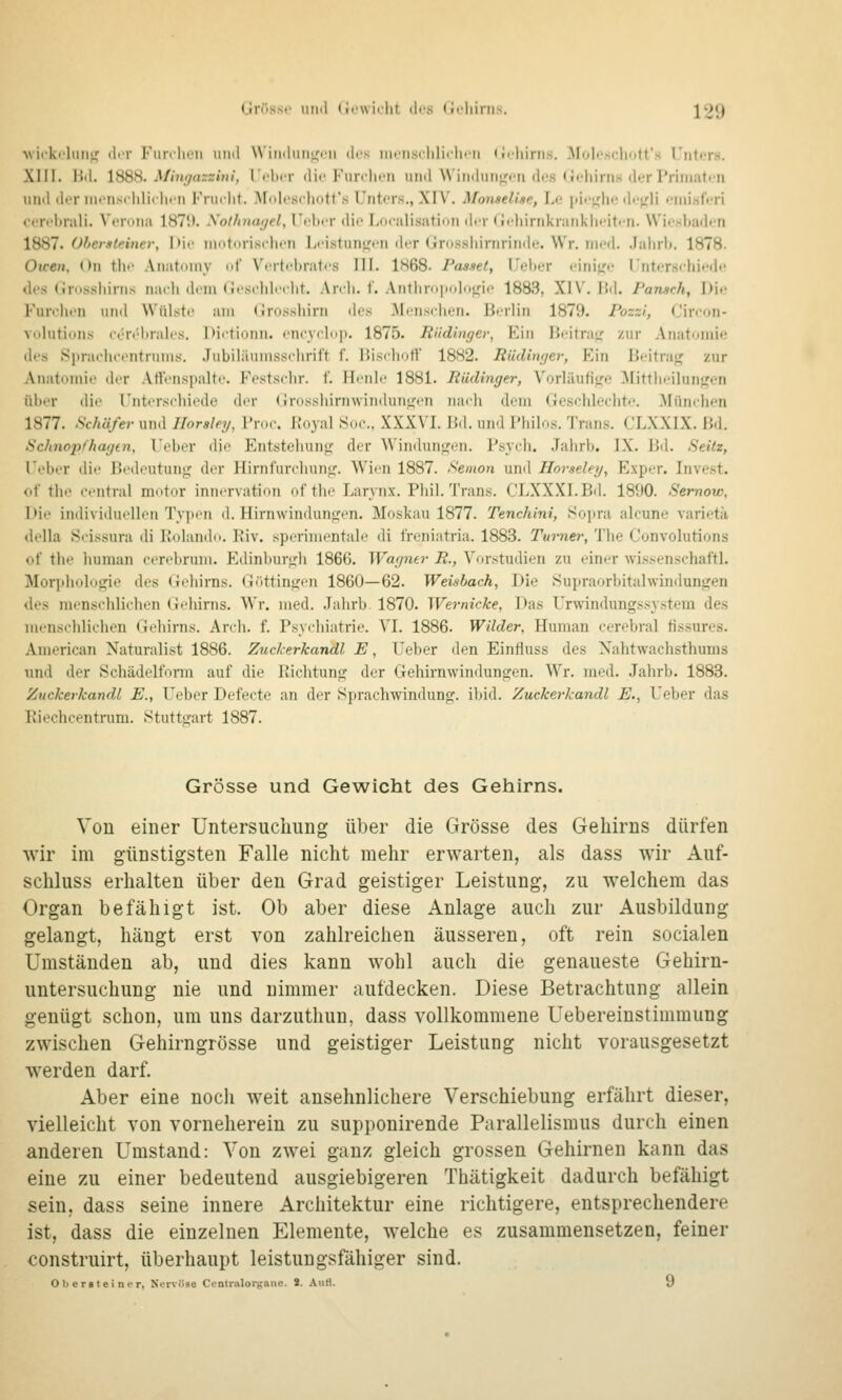 Grössf uiiil (it'wiclit (k's (ji-liinis. J29 uickrlmi^ iliT Fiinlieii uinl Wimluiij^cii ilrs iiKiisililicInMi (irhirns. -MolfsclKitt's l'iitrTs. XIII. Bd. 1888. 3/m^arrtH/, l'clitT die Furchen und \Viriiliin<jon dos (JcliiriiK derPriiiiattii und iler niensililicliiii Fruclit. Mnlescliott's Unters., XIV. Ahnselise, I.e |tii-.^rhc di-«.'!! •■niisfi-ri ccrt-hrali. Verona 18711. .Vo//(;iaye^, Telter die Localisatinii di'r (Irliirnkranklifiti-n. Wii'shadi-n \ii8)l. OherSteiner, Oie nidturiselien lji'istun<,'en iler Gntssiiinirinde. Wr. med. .lalirli. 1878. Oleen, On tlie .\natoniy of Vertebrates III. 1868. Passet, L'el)er einijje l'nterseliii-d«' des Grossliirns nach dem Geschleeht. .Vnli. 1. Anthropolof,'ie 1883, XIV. IM. Pansch, Die Furehen und Wülste am Grosshirn iles Mensclien. Berlin 1879. Pozzi, Cireon- vidutiniis crrehrales. Dii'tionn. eneyelop. 1875. Eüdhiger, Ein Beitrau' zur .\natomie des Sitraehcentrums. Jubüäunisselirilt f. Bischoft 1882. Riidinf/ei; Kin B<'itra<,' zur Anatomie der Ali'enspalte. Festsclir. f. Henle 1881. Rüdinger, VorIiluh<r<' ^Iittlii'ilun<jen über die Unterscliiede dir (Jrossliirnwinduntjen nach dem Geschlechte. München 1877. Schäfer und Ilorsley, Troc. Royal Soc, XXXVI. Bd. und Philos. Trans. CLXXIX. Bd. Schnopfhagiu, I'eber die Entstehung der Windungen. Psych. Jahrb. IX. Bd. Seitz, l'eber die Be<leutung der Hirnf'urchung. Wien 1887. Semon und Hovseley, Exper. Invest. <«f the central niotor innervation ot'the Larynx. Phil. Trans. CLXXXI.Bd. 1890. Semow, I>ie individuellen Ty]ien d. Hirnwindungen. Moskau 1877. Tenckini, Soj)ra alcune varietii della Scissura di Bolandd. lliv. sperimentale di Ireniatria. 1883. Turner, The Convolutions of the human cerebrum. Edinburgh 1866. Wagner JB., Vorstudien zu einer wissenschaftl. Morphologie des Gehirns. Giittingen 1860—62. Weisbach, Die Supraorbitalwindungen des menschlichen (iehirns. AVr. med. .Talirb 1870. Wernicke, Das Urwindungssy.stem des menschlichen (ieliirns. Arch. f. Psychiatrie. VI. 1886. Wilder, Human cerebral fissures. American Naturalist 1886. Zuckerkandl E, lieber den Einfluss des Xahtwachsthums nnd der Schädelfonn auf die Piichtung der Gehirnwindungen. Wr. med. Jahrb. 1883. Zuckerkandl E., lieber Defecte an der Sprachwindung, ibid. Zuckerkandl E., lieber das IJiechcentrum. Stuttgrart 1887. Grösse und Gewicht des Gehirns. Von einer Untersuchung über die Grösse des Gehirns dürfen wir im günstigsten Falle nicht mehr erwarten, als dass wir Auf- schluss erhalten über den Grad geistiger Leistung, zu welchem das Organ befähigt ist. Ob aber diese Anlage auch zur Ausbildung gelangt, hängt erst von zahlreichen äusseren, oft rein socialen Umständen ab, und dies kann wohl auch die genaueste Gehirn- untersuchung nie und nimmer aufdecken. Diese Betrachtung allein genügt schon, um uns darzuthun, dass vollkommene Uebereinstimmung zwischen Gehirngrösse und geistiger Leistung nicht vorausgesetzt werden darf. Aber eine noch weit ansehnlichere Verschiebung erfährt dieser, vielleicht von vorneherein zu supponirende Parallelismus durch einen anderen Umstand: Von zwei ganz gleich grossen Gehirnen kann das eine zu einer bedeutend ausgiebigeren Thätigkeit dadurch befähigt sein, dass seine innere Architektur eine richtigere, entsprechendere ist, dass die einzelnen Elemente, welche es zusammensetzen, feiner construirt, überhaupt leistungsfähiger sind. Obersteiner, Xervilse Centralorgane. S. Aufl. 9