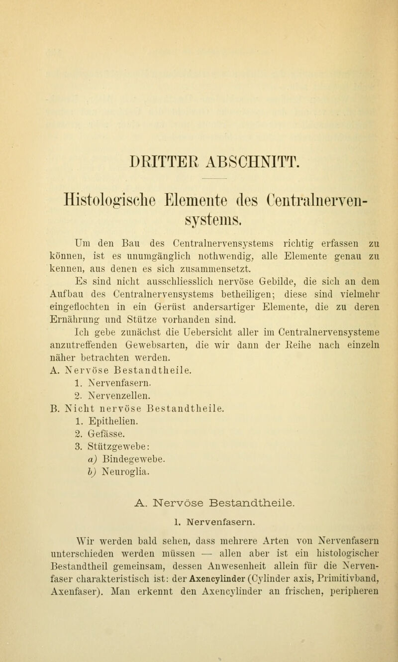 DRITTER ABSCHNITT. Histologische Elemente des Centraluerven- systems. Um den Bau des Centralnervensystems richtig erfassen zu können, ist es unumgänglich nothwendig; alle Elemente genau zu kennen, aus denen es sich zusammensetzt. Es sind nicht ausschliesslich nervöse Gebilde, die sich an dem Aufbau des Centralnervensystems betheiligen; diese sind vielmehr eingeflochten in ein Gerüst andersartiger Elemente, die zu deren Ernährung und Stütze vorhanden sind. Ich gebe zunächst die Uebersicht aller im Centralnervensysteme anzutreffenden Gewebsarten, die wir dann der Eeihe nach einzeln näher betrachten werden. A. Nervöse Bestandtheile. 1. Nervenfasern. 2. Nervenzellen. B. Nicht nervöse Bestandtheile. 1. Epithelien. 2. Gefässe. 3. Stützgewebe: a) Bindegewebe. h) Neuroglia. A. Nervöse Bestandtheile. 1. Nervenfasern. Wir werden bald sehen, dass mehrere Arten von Nervenfasern unterschieden werden müssen — allen aber ist ein histologischer Bestandtheil gemeinsam, dessen Anwesenheit allein für die Nerven- faser charakteristisch ist: der Axencylinder (Cylinder axis, Primitivband, Axenfaser). Man erkennt den Axencylinder an frischen, peripheren