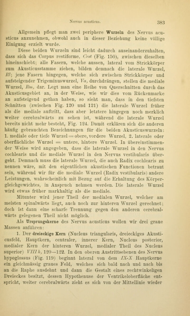 Allgemein ptlcgt man zwei periphere Wurzeln des Nervus acu- sticus anzunehmen, obwohl auch in dieser Beziehung keine völlige Einigung erzielt wurde. Diese beiden Wurzeln sind leicht dadurch auseinanderzuhalten, dass sich das Corpus restiforme, Crst (Fig. 150), zwischen dieselben hineinschiebt; alle Fasern, welche aussen, lateral vom Strickkörper zum Akusticusstamme ziehen, bilden demnach die laterale Wurzel, Rl\ jene Fasern hingegen, welche sich zwischen Strickkörper und aufsteigender Trigeminuswurzel, Va, durchdrängen, stellen die mediale Wurzel, Rm, dar. Legt man eine Reihe von Querschnitten durch das Akusticusgebiet an, in der Weise, wie wir dies vom Rückenmarke an aufsteigend gethan haben, so sieht man, dass in den tiefsten Schnitten (zwischen Fig. 120 und 121) die laterale Wurzel früher als die mediale auftritt, dass aber letztere hingegen noch merklich weiter cerebralwärts zu sehen ist, während die laterale Wurzel bereits nicht mehr besteht, Fig. 124. Damit erklären sich die anderen häufig gebrauchten Bezeichnungen für die beiden Akusticuswurzeln: 1. mediale oder tiefe Wurzel = obere, vordere Wurzel, 2. laterale oder oberflächliche Wurzel = untere, hintere Wurzel. In übereinstimmen- der Weise wird angegeben, dass die laterale Wurzel in den Nervus cochlearis und die mediale Wurzel in den Nervus vestibularis über- geht. Demnach muss die laterale Wurzel, die auch Radix cochlearis zu nennen wäre, mit den eigentlichen akustischen Functionen betraut sein, während wir für die mediale Wurzel (Radix vestibularis) andere Leistungen, wahrscheinlich mit Bezug auf die Erhaltung des Körper- gleichgewichtes, in Anspruch nehmen werden. Die laterale Wurzel wird etwas früher markhaltig als die mediale. Mitunter wird jener Theil der medialen Wurzel, welcher am meisten spinalwärts liegt, auch noch zur hinteren W'urzel gerechnet; doch ist dann eine scharfe Trennung gegen den anderen cerebral- wärts gelegenen Theil nicht möglich. Als Ursprungskerne des Nervus acusticus wollen wir drei graue Massen anfahren: 1. Der dreieckige Kern (Nucleus triangularis, dreieckiges Akusti- cusfeld, Hauptkern, centraler, innerer Kern, Nucleus posterior, medialer Kern der hinteren Wurzel, medialer Theil des Nucleus superior) TYZZä, 120—122. luden oberen Austrittsebenen des Nervus hj-poglossus (Fig. 119) beginnt lateral von dem IX-X Hauptkerne ein gleichmässig graues Feld, welches sich bald nach und nach bis an die Raphe ausdehnt und dann die Gestalt eines rechtwinkeligen Dreieckes besitzt, dessen Hj-pothenuse der Ventrikeloberfläche ent- spricht, weiter cerebralwärts zieht es sich von der Mittellinie wieder