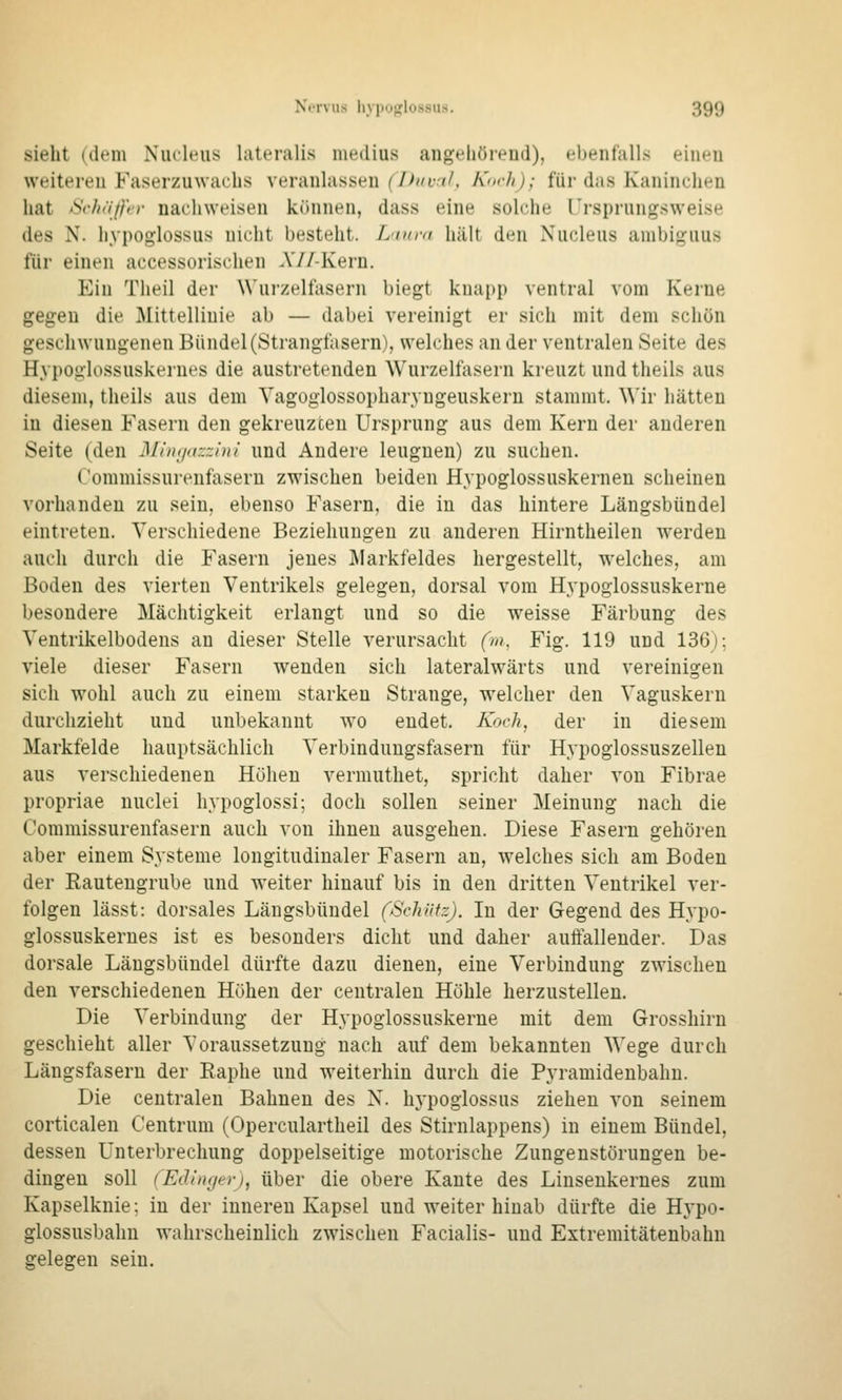 sieht (dem Niuleus lateralis niedius angeliöieud), ebeiit'alls einen weiteren Faserzuwaclis veranlassen (Dnvn/, Kork); für das Kaninchen hat /Schößr nachweisen können, dass eine solche ürsprungsweise des N. hypoglossus nicht besteht. Lana hält den Niicleus ami)i(^iius für einen accessorischen A7/-Kern. Ein Theil der Wurzeltasern biegt knapp ventral vom Kerne gegen die i\Iittellinie ab — dabei vereinigt er sich mit dem schön geschwnugenen Bündel (Strangfasern), welches an der ventralen Seite des Hypoglossuskernes die austretenden Wurzelfasern kreuzt und theils aus diesem, theils aus dem Vagoglossopharyugeuskern stammt. \\'ir hätten in diesen Fasern den gekreuzten Ursprung aus dem Kern der anderen Seite (den Muujazzhu und Andere leugnen) zu suchen. Coramissurenfasern zwischen beiden Hypoglossuskernen scheinen vorhanden zu sein, ebenso Fasern, die in das hintere Längsbündel eintreten. Verschiedene Beziehungen zu anderen Hirntheilen werden auch durch die Fasern jenes Markfeldes hergestellt, w^elches, am Boden des vierten Ventrikels gelegen, dorsal vom Hypoglossuskerne besondere Mächtigkeit erlangt und so die weisse Färbung des Ventrikelbodens an dieser Stelle verursacht (m, Fig. 119 und 136); viele dieser Fasern wenden sich lateralwärts und vereinigen sich w^ohl auch zu einem starken Strange, welcher den Vaguskern durchzieht und unbekannt wo endet. Korh, der in diesem Markfelde hauptsächlich Verbinduugsfasern für Hypoglossuszellen aus verschiedenen Höhen vermuthet, spricht daher von Fibrae propriae nuclei hypoglossi; doch sollen seiner Meinung nach die Coramissurenfasern auch von ihnen ausgehen. Diese Fasern gehören aber einem Systeme longitudinaler Fasern an, welches sich am Boden der Rautengrube und weiter hinauf bis in den dritten Ventrikel ver- folgen lässt: dorsales Längsbüudel (Schütz). In der Gegend des Hypo- glossuskernes ist es besonders dicht und daher auffallender. Das dorsale Längsbündel dürfte dazu dienen, eine Verbindung zwischen den verschiedenen Höhen der centralen Höhle herzustellen. Die Verbindung der Hypoglossuskerne mit dem Grosshirn geschieht aller Voraussetzung nach auf dem bekannten Wege durch Längsfasern der Raphe und weiterhin durch die Pyramidenbahn. Die centralen Bahnen des N. hj-poglossus ziehen von seinem corticalen Centrum (Operculartheil des Stirnlappens) in einem Bündel, dessen Unterbrechung doppelseitige motorische Zungenstörungen be- dingen soll (Edinger), über die obere Kante des Linsenkernes zum Kapselknie: in der inneren Kapsel und weiter hinab dürfte die Hypo- glossusbahn wahrscheinlich zwischen Facialis- und Extremitätenbahn gelegen sein.