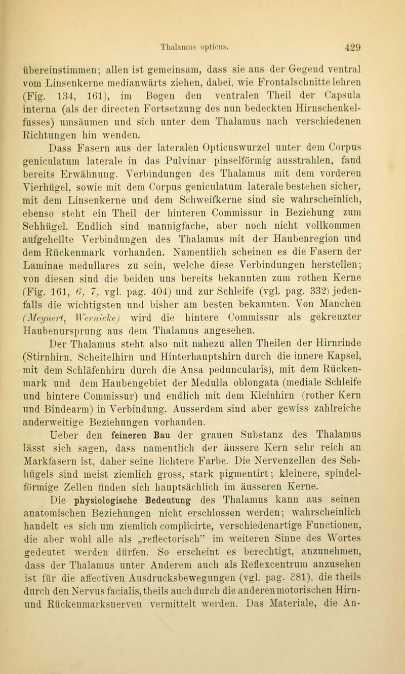 übereinstimmen; allen ist gemeinsam, dass sie aus der Gegend ventral vom Linsenkerne medianwäits ziehen, dabei, wie Frontalsclinittelehren (Fig. 134, IGl), im Bogen den ventralen Theil der Capsula interna (als der directen B'ortsetzung des nun bedeckten Hirnschenkel- fusses) umsäumen und sich unter dem Thalamus nach verschiedenen Richtungen hin wenden. Dass Fasern aus der lateralen Opticuswurzel unter dem Corpus geniculatum laterale in das Pulvinar pinselförmig ausstrahlen, fand bereits ErAvähnung. Verbindungen des Thalamus mit dem vorderen Vierhügel, sowie mit dem Corpus geniculatum laterale bestehen sicher, mit dem Linsenkerne und dem Schweifkerne sind sie wahrscheinlich, ebenso steht ein Theil der hinteren Commissur in Beziehung zum Sehhügel, Endlich sind mannigfache, aber noch nicht vollkommen aufgehellte Verbindungen des Thalamus mit der Haubenregion und dem Eückenmark vorhanden. Namentlich scheinen es die Fasern der Laminae medulläres zu sein, welche diese Verbindungen herstellen; von diesen sind die beiden uns bereits bekannten zum rothen Kerne (Fig. 161, 6*, 7, vgl. pag. 404) und zur Schleife (vgl. pag. 332) jeden- falls die wichtigsten und bisher am besten bekannten. Von Manchen (^f(';/lll'rt, Werii/'rh') wird die hintere Commissur als gekreuzter Haubenursprung aus dem Thalamus angesehen. Der Thalamus steht also mit nahezu allen Theilen der Hirnrinde (Stirnhirn, Sclieitelhirn und Hiuterhauptshirn durch die innere Kapsel, mit dem Schläfenhirn durch die Ansa peduncularis), mit dem Rücken- mark und dem Haubeugebiet der Medulla oblongata (mediale Schleife und hintere Commissur) und endlich mit dem Kleinhirn (rother Kern und Bindearm) in Verbindung. Ausserdem sind aber gewiss zahlreiche anderweitige Beziehungen vorhanden. Ueber den feineren Bau der grauen Substanz des Thalamus lässt sich sagen, dass namentlich der äussere Kern sehr reich an Markfasern ist, daher seine lichtere Farbe. Die Nervenzellen des Seh- hügels sind meist ziemlich gross, stark pigmentirt; kleinere, spindel- förmige Zellen finden sich hauptsächlich im äusseren Kerne. Die physiologische Bedeutung des Thalamus kann aus seinen anatomischen Beziehungen nicht erschlossen werden; wahrscheinlich handelt es sich um ziemlich complicirte, verschiedenartige Functionen, die aber wohl alle als „reflectorisch im weiteren Sinne des Wortes gedeutet werden dürfen. So erscheint es berechtigt, anzunehmen, dass der Thalamus unter Anderem auch als Reflexcentrum anzusehen ist für die affectiven Ausdrucksbewegungeu (vgl. pag. 281). die theils durch den Nervus facialis, theils auch durch die anderen motorischen Hirn- und Rückenmarksnerven vermittelt werden. Das Materiale, die Au-