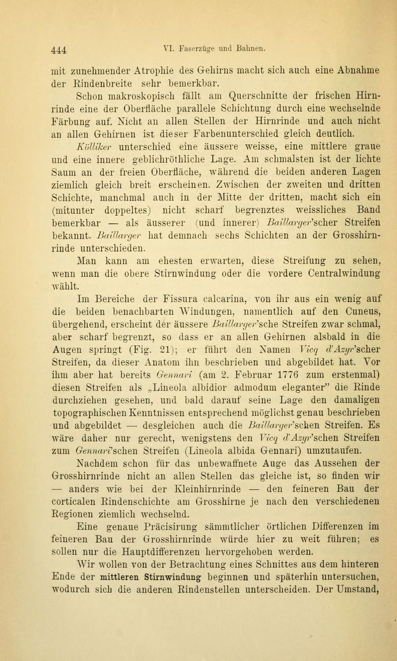 mit zunehmender Atrophie des Gehirns macht sich auch eine Abnahme der Rindenbreite sehr bemerkbar. Schon makroskopisch fällt am Querschnitte der frischen Hirn- rinde eine der Oberfläche parallele Schiclitung durch eine wechselnde Färbung auf. Nicht an allen Stellen der Hirnrinde und auch nicht an allen Gehirnen ist dieser Farbenunterschied gleich deutlich. KöUiker unterschied eine äussere weisse, eine mittlere graue und eine innere geblichröthliche Lage. Am schmälsten ist der lichte Saum an der freien Oberfläche, während die beiden anderen Lagen ziemlich gleich breit erscheinen. Zwischen der zweiten und dritten Schichte, manchmal auch in der Mitte der dritten, macht sich ein (mitunter doppeltes) nicht scharf begrenztes weissliches Band bemerkbar — als äusserer fund innerer) BaiUar(jer'sch.er Streifen bekannt. BaWargev hat demnach sechs Schichten an der Grosshirn- rinde unterschieden. Man kann am ehesten erwarten, diese Streifung zu sehen, wenn man die obere Stirnwindung oder die vordere Centralwindung wählt. Im Bereiche der Fissura calcarina, von ihr aus ein wenig auf die beiden benachbarten Windungen, namentlich auf den Cuneus, übergehend, erscheint der äussere Ba(ffar;jer'sc\m Streifen zwar schmal, aber scharf begrenzt, so dass er an allen Gehirnen alsbald in die Augen springt (Fig. 21); er führt den Xamen Vicq d'Az)/)-'scher Streifen, da dieser Anatom ihn beschrieben und abgebildet hat. Vor ihm aber hat bereits Gennari (am 2. Februar 1776 zum erstenmal) diesen Streifen als „Lineola albidior admodum eleganter die Rinde durchziehen gesehen, und bald darauf seine Lage den damaligen topographischen Kenntnissen entsprechend möglichst genau beschrieben und abgebildet — desgleichen auch die BaUlarger'sehen Streifen. Es wäre daher nur gerecht, wenigstens den Vicq fVÄzi/r'sehen Streifen zum GennarPschen Streifen (Lineola albida Gennari) umzutaufen. Nachdem schon für das unbewaft'nete Auge das Aussehen der Grosshirnriude nicht an allen Stellen das gleiche ist, so finden wir — anders wie bei der Kleinhirnrinde — den feineren Bau der corticalen Rindenschichte am Grosshirne je nach den verschiedenen Regionen ziemlich wechselnd. Eine genaue Präcisirung sämmtlicher örtlichen Differenzen im feineren Bau der Grosshirnrinde würde hier zu weit führen; es sollen nur die Hauptdifferenzen hervorgehoben werden. Wir wollen von der Betrachtung eines Schnittes aus dem hinteren Ende der mittleren Stirnwindung beginnen und späterhin untersuchen, wodurch sich die anderen Rindenstellen unterscheiden. Der Umstand,