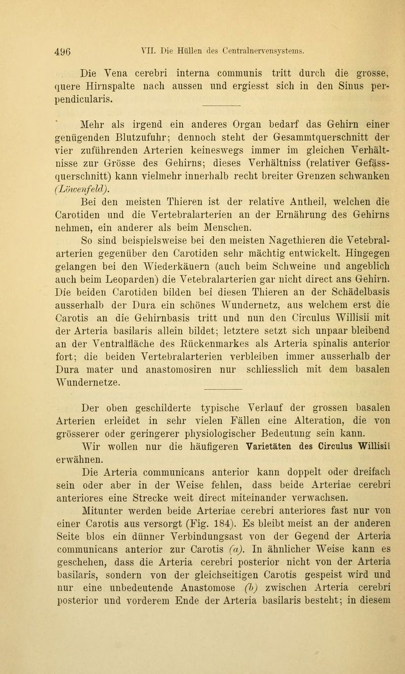 Die Vena cerebri interna communis tritt durch die grosse, quere Hirnspalte nach aussen und ergiesst sich in den Sinus per- pendicularis. Mehr als irgend ein anderes Organ bedarf das Gehirn einer genügenden Blutzufuhr; dennoch steht der Gesammtquerschnitt der vier zuführenden Arterien keineswegs immer im gleichen Verhält- nisse zur Grösse des Gehirns; dieses Verhältniss (relativer Gefäss- querschnitt) kann vielmehr innerhalb recht breiter Grenzen schwanken (Löivenfeld). Bei den meisten Thieren ist der relative Antheil, welchen die Carotiden und die Vertebralarterien an der Ernährung des Gehirns nehmen, ein anderer als beim Menschen. So sind beispielsweise bei den meisten Nagethieren die Vetebral- arterien gegenüber den Carotiden sehr mächtig entwickelt. Hingegen gelangen bei den Wiederkäuern {auch beim Schweine und angeblich auch beim Leoparden) die Vetebralarterien gar nicht direct ans Gehirn. Die beiden Carotiden bilden bei diesen Thieren an der Schädelbasis ausserhalb der Dura ein schönes Wundernetz, aus welchem erst die Carotis an die Gehirnbasis tritt und nun den Circulus Willisii mit der Arteria basilaris allein bildet; letztere setzt sich unpaar bleibend an der Ventralfläche des Rückenmarkes als Arteria spinalis anterior fort; die beiden Vertebralarterien verbleiben immer ausserhalb der Dura mater und anastomosiren nur schliesslich mit dem basalen Wundernetze. Der oben geschilderte typische Verlauf der grossen basalen Arterien erleidet in sehr vielen Fällen eine Alteration, die von grösserer oder geringerer physiologischer Bedeutung sein kann. Wir wollen nur die häufigeren Varietäten des Circulus Willisii erwähnen. Die Arteria communicans anterior kann doppelt oder dreifach sein oder aber in der Weise fehlen, dass beide Arteriae cerebri anteriores eine Strecke weit direct miteinander verwachsen. Mitunter werden beide Arteriae cerebri anteriores fast nur von einer Carotis aus versorgt (Fig. 184). Es bleibt meist an der anderen Seite blos ein dünner Verbindungsast von der Gegend der Arteria communicans anterior zur Carotis (a). In ähnlicher Weise kann es geschehen, dass die Arteria cerebri posterior nicht von der Arteria basilaris, sondern von der gleichseitigen Carotis gespeist wird und nur eine unbedeutende Anastomose (h) zwischen Arteria cerebri posterior und vorderem Ende der Arteria basilaris besteht; in diesem