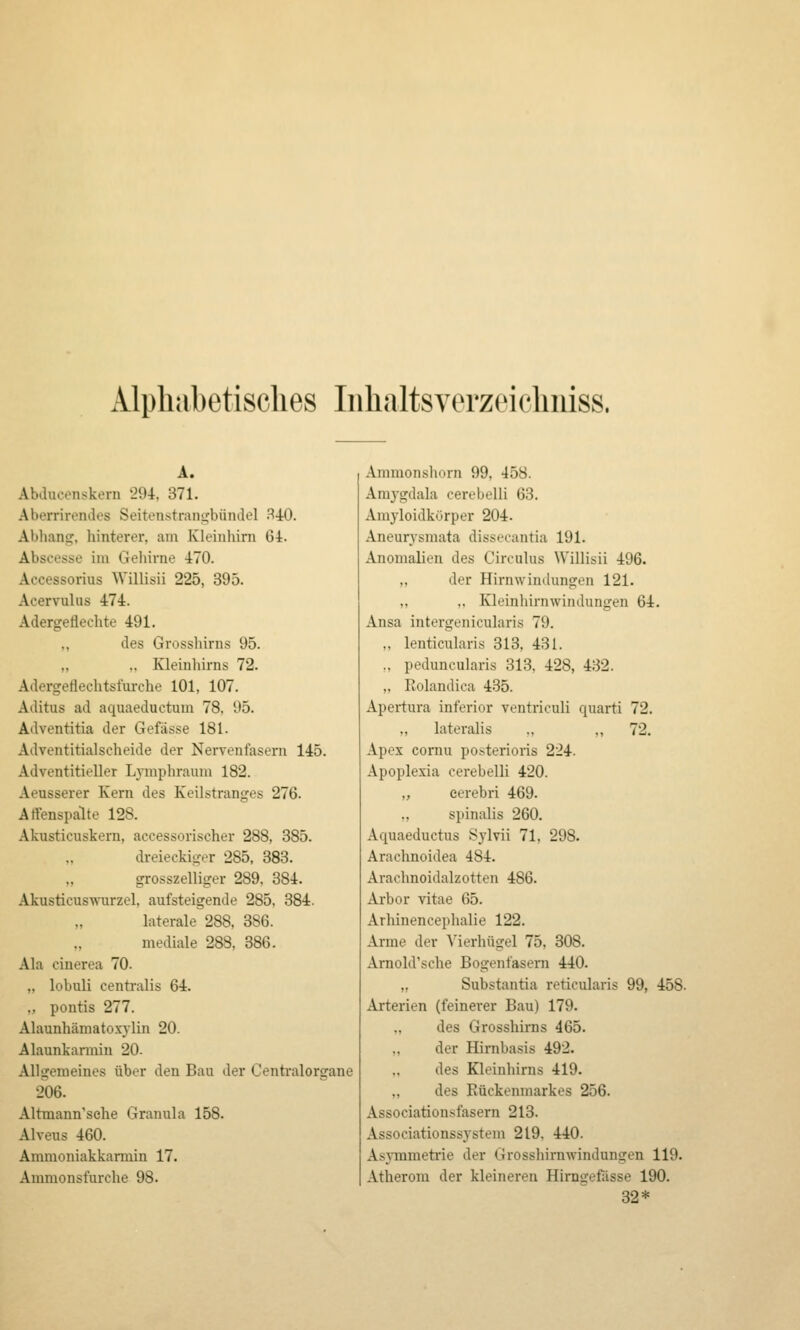 Alphabetisches Iiihaltsverzeichiiiss. 1. Abducenskern 2U, 371. Aberrirendes Seitenstranrjbündel 340. Abliansc. hinterer, am Kleinhirn 64. Abscesse im Geliirne 470. Accessorius Willisii 225, 395. AcervuUis 474. Adergeflechte 491. ,, des Grosshirns 95. ,. Kleinhirns 72. Adergeflechtsfurche 101, 107. Aditus ad aquaeductum 78, 95. Adventitia der Gefässe 181. Adventitialscheide der Nervenfasern 145. Adventitieller L}^uphraum 182. Aeusserer Kern des Keilstranges 276. Atfenspalte 128. Akusticuskern, accessorischer 288, 385. dreieckiger 285, 383. grosszelliger 289. 384. Akusticuswurzel, aufsteigende 285, 384. laterale 288, 386. mediale 288, 386. Ala cinerea 70. „ lobuli centralis 64. „ pontis 277. Alaunhämatoxjlin 20. Alaunkanniu 20- Allgeraeines über den Bau der Centralorgane 206. Altmann'sche Granula 158. Alveus 460. Ammoniakkarmin 17. Ammonsfurche 98. Ammonshorn 99, 458. Araj'gdala cerebelli 63. Amyloidkürper 204. Aneurysmata dissecantia 191. Anomalien des Circulus Willisii 496. ,, der Hirnwindungen 121. ,. ., Kleinhirnwindungen 64. Ansa intergenicularis 79. „ lenticularis 313, 431. „ peduncularis 313, 428, 432. „ Kolandica 435. Apertura inferior ventriculi quartl 72. laterahs ., ,, 72. Apex comu posterioris 224. Apoplexia cerebelli 420. „ cerebri 469. ,, Spinalis 260. Aquaeductus Sylvii 71, 298. Araclmoidea 484. Arachnoidalzotten 486. Arbor vitae 65. Arhinencephalie 122. Arme der Vierhügel 75, 308. Arnold'sche Bogenfasern 440. „ Substantia reticularis 99, 458. Arterien (feinerer Bau) 179. des Grosshirns 465. der Hirnbasis 492. des Kleinhirns 419. ,, des Rückenmarkes 256. Associatiousfasern 213. Associationssystem 219, 440. Asymmetrie der Grosshirnwindungen 119. Atherom der kleineren Hirngefässe 190. 32*