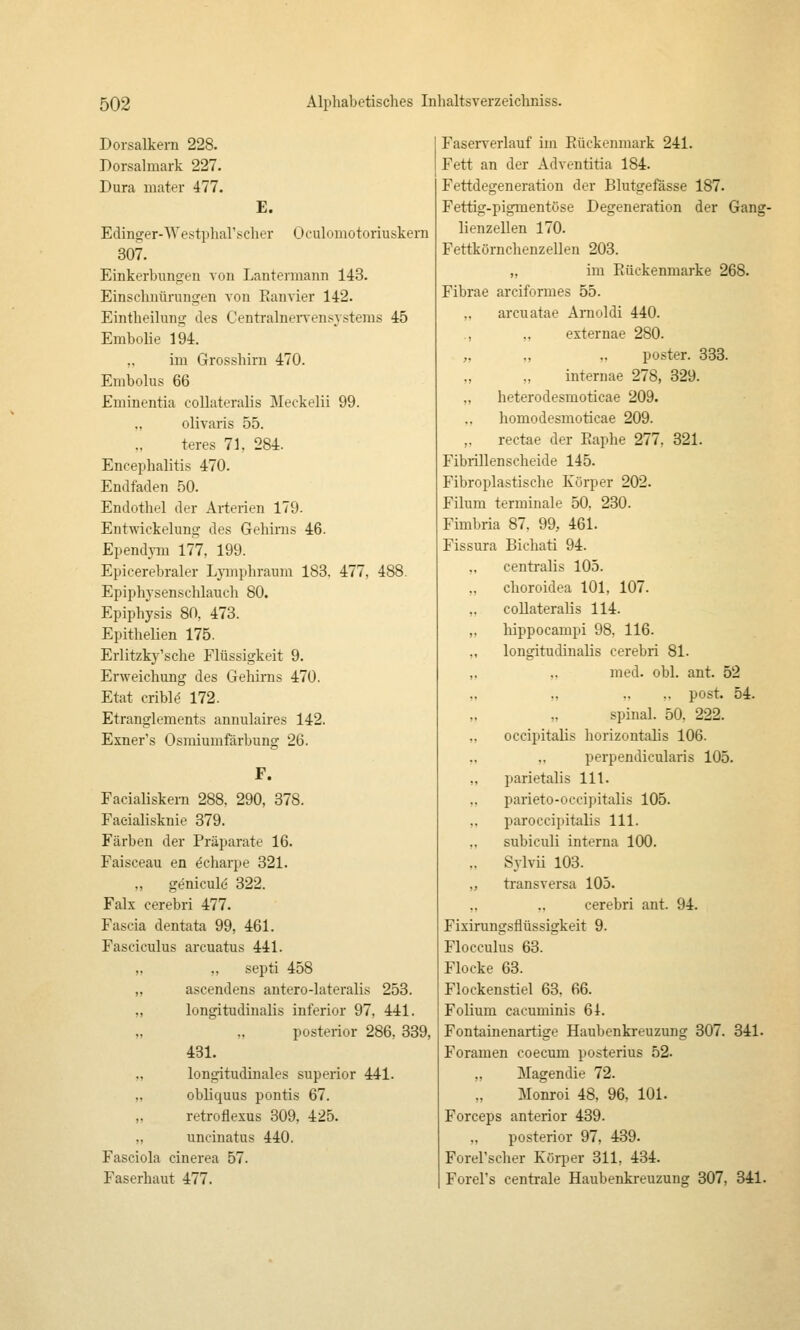 Dorsalkern 228. Dorsalmark 227. Dura mater 477. E. Edinger-WestphaFscher Oculomotoriuskem 307. Einkerbungen von Lantermann 143. Einschnürungen von Eanvier 142. Eintheilung des CentralneiTensystems 45 Embolie 194. „ im Grosshirn 470. Embolus 66 Eminentia coUateralis Meckelii 99. olivaris 55. teres 7h 284. Encephalitis 470. Endfaden 50. Endothel der Arterien 179- Entwickelung des Gehirns 46. Ependym 177, 199. Epicerebraler LjTnphrauni 183. 477, 488. Epipln-senschlauch 80. Epiphysis 80, 473. Epithelien 175. Erlitzky'sche Flüssigkeit 9. Erweichung des Gehirns 470. Etat criblö 172. Etranglements annulaires 142. Exner's Osmiumfärbung 26. F. Facialiskem 288, 290, 378. Faeialisknie 379. Färben der Präparate 16. Faisceau en Schärpe 321. ., genicule 322. Falx cerebri 477. Fascia dentata 99, 461. Fasciculus arcuatus 441. ,. ,, septi 458 „ ascendens antero-lateralis 253. „ longitudinalis inferior 97, 441. posterior 286, 339, 431. ,, longitudinales superior 441. „ obliquus pontis 67. retroflexus 309, 425. „ uncinatus 440. Fasciola cinerea 57. Faserhaut 477. FaseiTerlauf im Eückenmark 241. Fett an der Adventitia 184. Fettdegeneration der Blutgefässe 187. Fettig-pigmentöse Degeneration der Gang- lienzellen 170. Fettkörnchenzellen 203. „ im Rückenmarke 268. Fibrae arciformes 55. arcuatae Amoldi 440. , ,, externae 280. poster. 333. internae 278, 329. heterodesmoticae 209. homodesmoticae 209. „ rectae der Eaphe 277, 321. Fibrillenscheide 145. Fibroplastische Körper 202. Filum terminale 50. 230. Fimbria 87, 99, 461. Fissura Bichati 94. „ centralis 105. „ choroidea 101, 107. „ coUateralis 114. ,, hippocampi 98, 116. „ longitudinalis cerebri 81. „ „ med. obl. ant. 52 „ „ .. ,. post. 54. spinal. 50, 222. „ occipitalis horizontalis 106. ,, .. perpendicularis 105. ,, parietalis 111. „ parieto-oecipitalis 105. ,, paroccipitalis 111. „ subiculi interna 100. „ Sylvü 103. „ transversa 105. ., ., cerebri ant. 94. Fixirungsflüssigkeit 9. Flocculus 63. Flocke 63. Flockenstiel 63, 66. Folium cacuminis 64. Fontainenartige Haubenkreuzung 307. 341. Foramen coecum posterius 52. „ Magendie 72. Monroi 48, 96, 101. Forceps anterior 439. posterior 97, 439. Forel'scher Körper 311, 434. Forel's centrale Haubenkreuzung 307, 341.